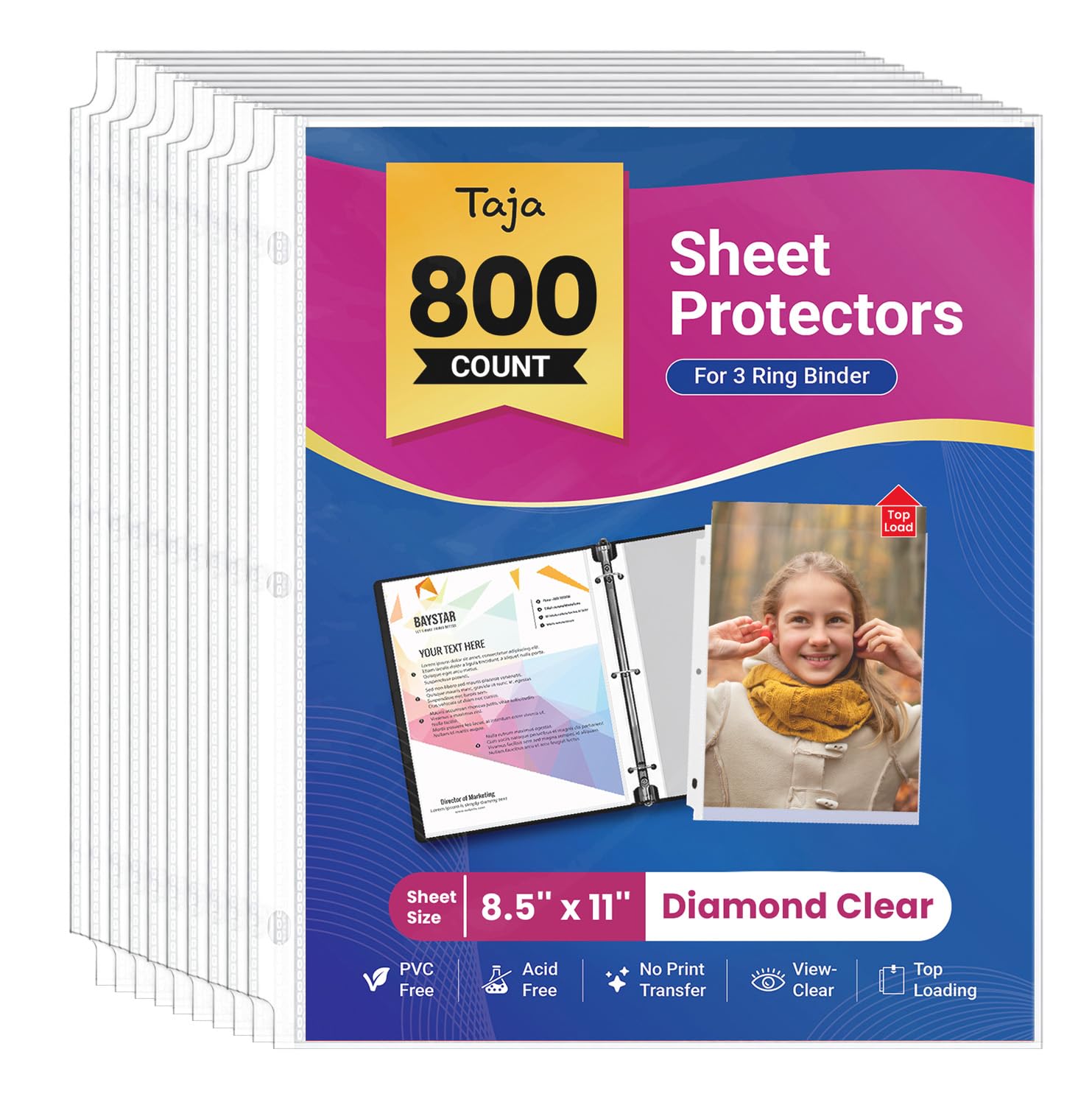 Taja Protezioni per fogli per raccoglitore a 3 anelli, protezioni trasparenti per pagine con apertura dall'alto, buste in plastica per lettere formato 21,6 x 27,9 cm, perfette per ufficio, casa e