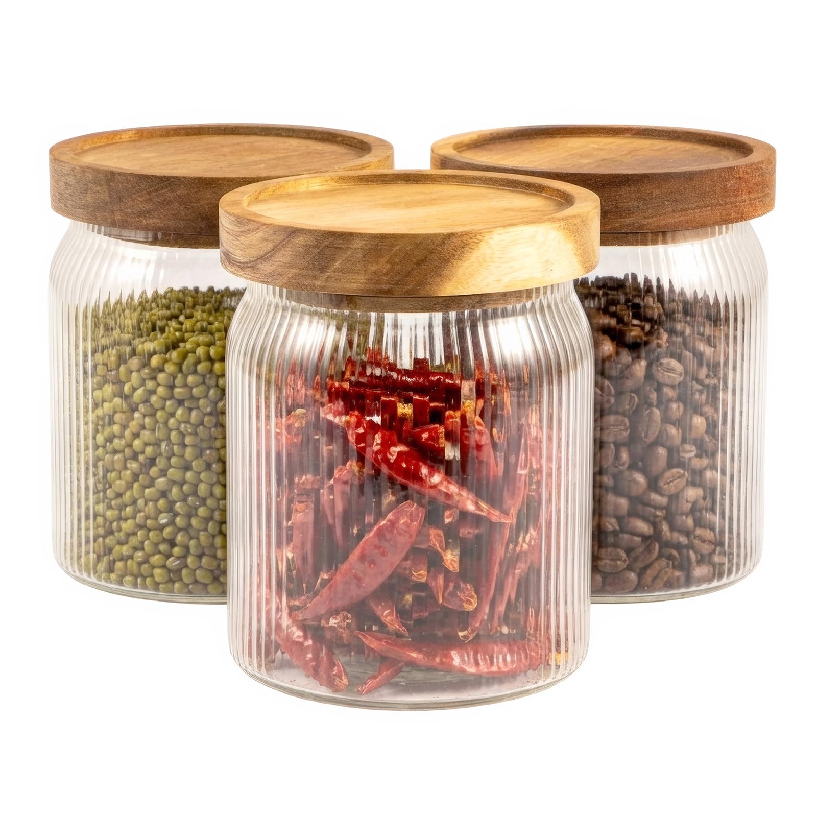 Sunnynest 500Ml Ribbed Glass Storage Jars With Airtight Wooden Lids 3 Pack Kitchen Canisters Set Clear Food Storage Containers For Coffee Sugar Tea Candy Snacks Pantry Organization Countertop (500Ml)