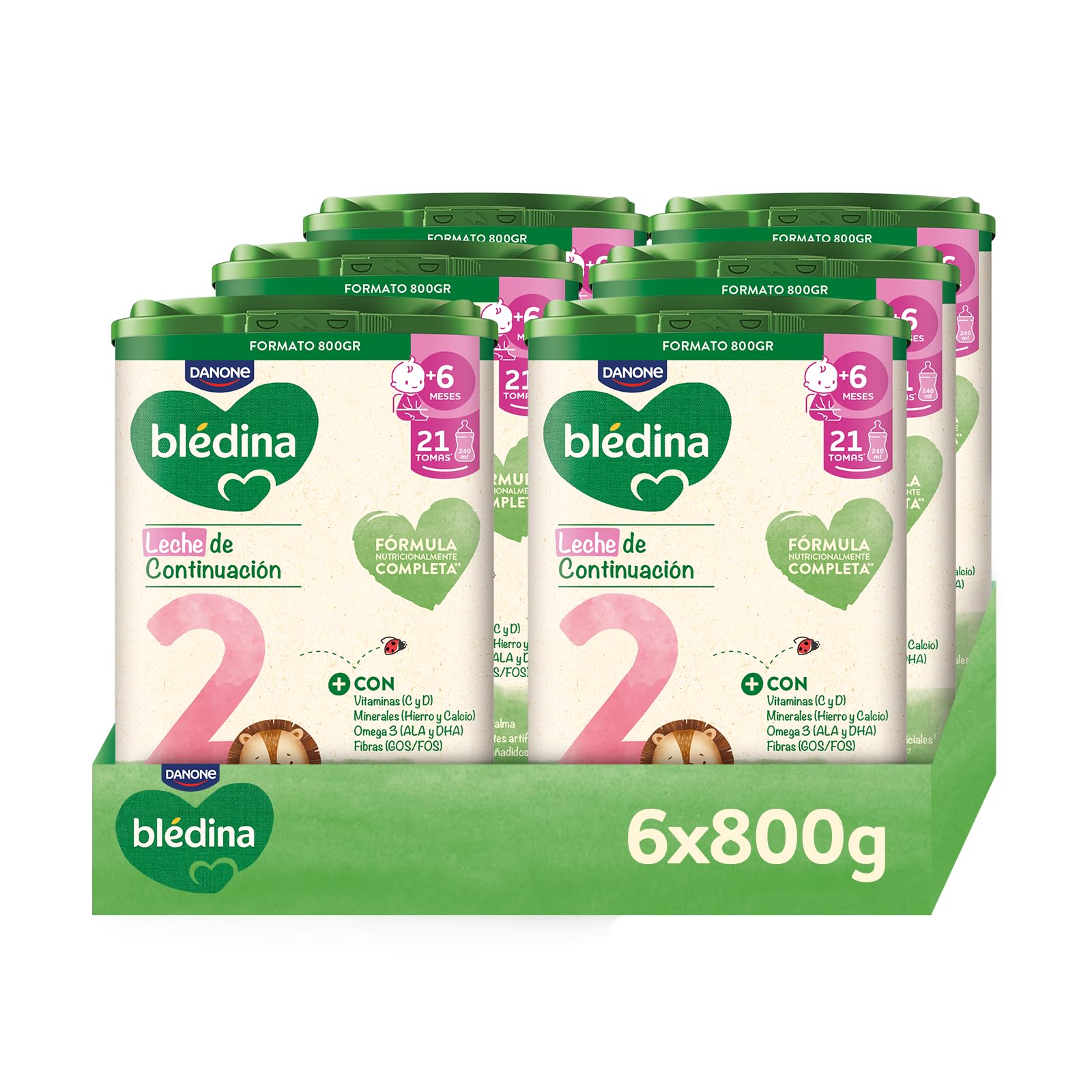 Blédina 2, Leche de Continuación para Bebé, Fórmula Completa con Vitaminas, Minerales, Omega 3 y Fibras. Sin Aceite de Palma, Sin Conservantes Ni Azúcares Añadidos. Desde los 6 Meses, Pack 6x800g