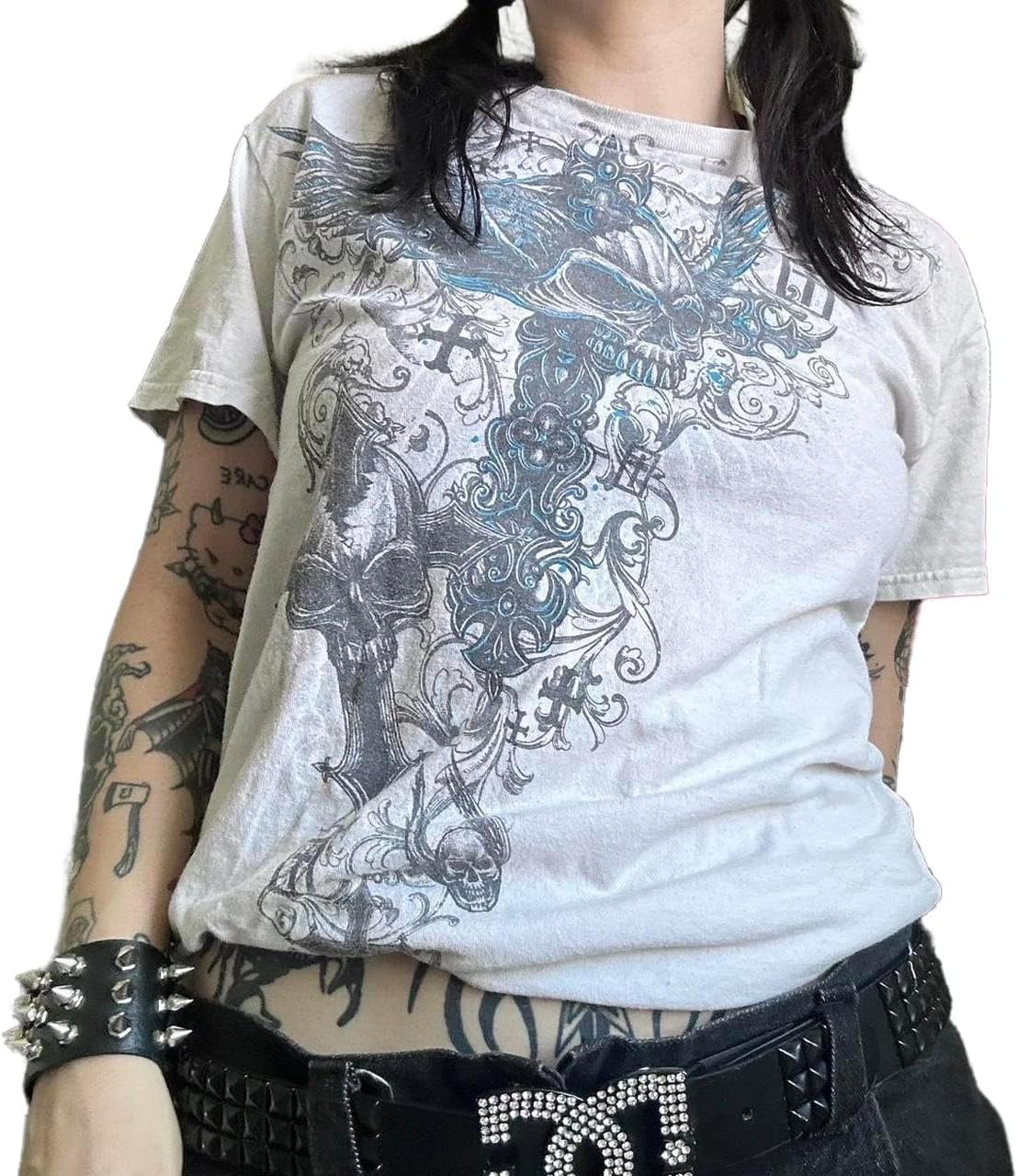 Women Grunge Shirt Y2k Teen Girl Gothic Short Sleeve Vintage Graphic Top Aesthetic Punk Emo Baggy Tee Goth Clothes