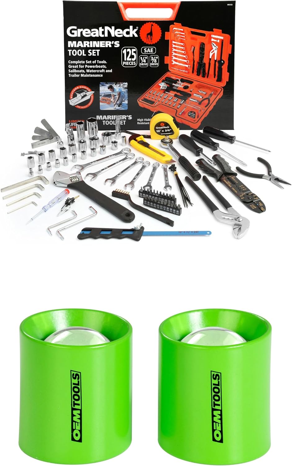 Great Neck 125 Piece Marine Tool Set, 100LM Mini LED Button Work Light, Complete With High Visibility, 2 Button Mini Flashlights, Water-Resistant Boat Tool Box Case