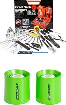 Great Neck 125 Piece Marine Tool Set, 100LM Mini LED Button Work Light, Complete With High Visibility, 2 Button Mini Flashlights, Water-Resistant Boat Tool Box Case