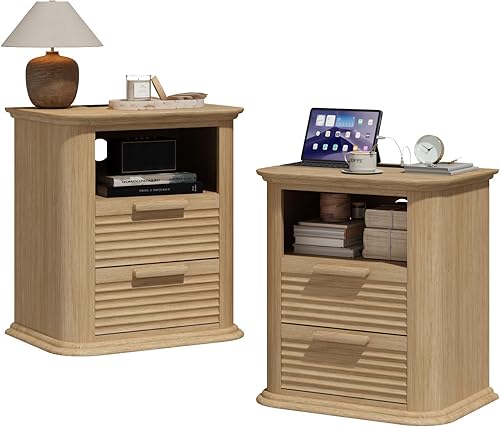 Miniatura 11 de Mesita de noche acanalada de 22 pulgadas con estación de carga, mesa auxiliar moderna con 2 cajones y almacenamiento abierto, mesita de noche de