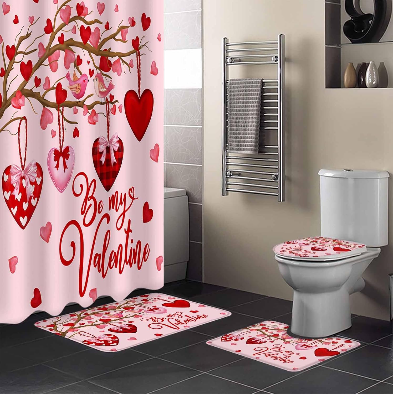 Valentine's Day,Bathroom Set with Shower Curtain and Rug and Accessories - 66x72 Inches Long Valentine Tree Red Hearts Love Plaid Bathtub Floor Runner Rug Set Bathtub Curtains Waterproof with Bath Mat