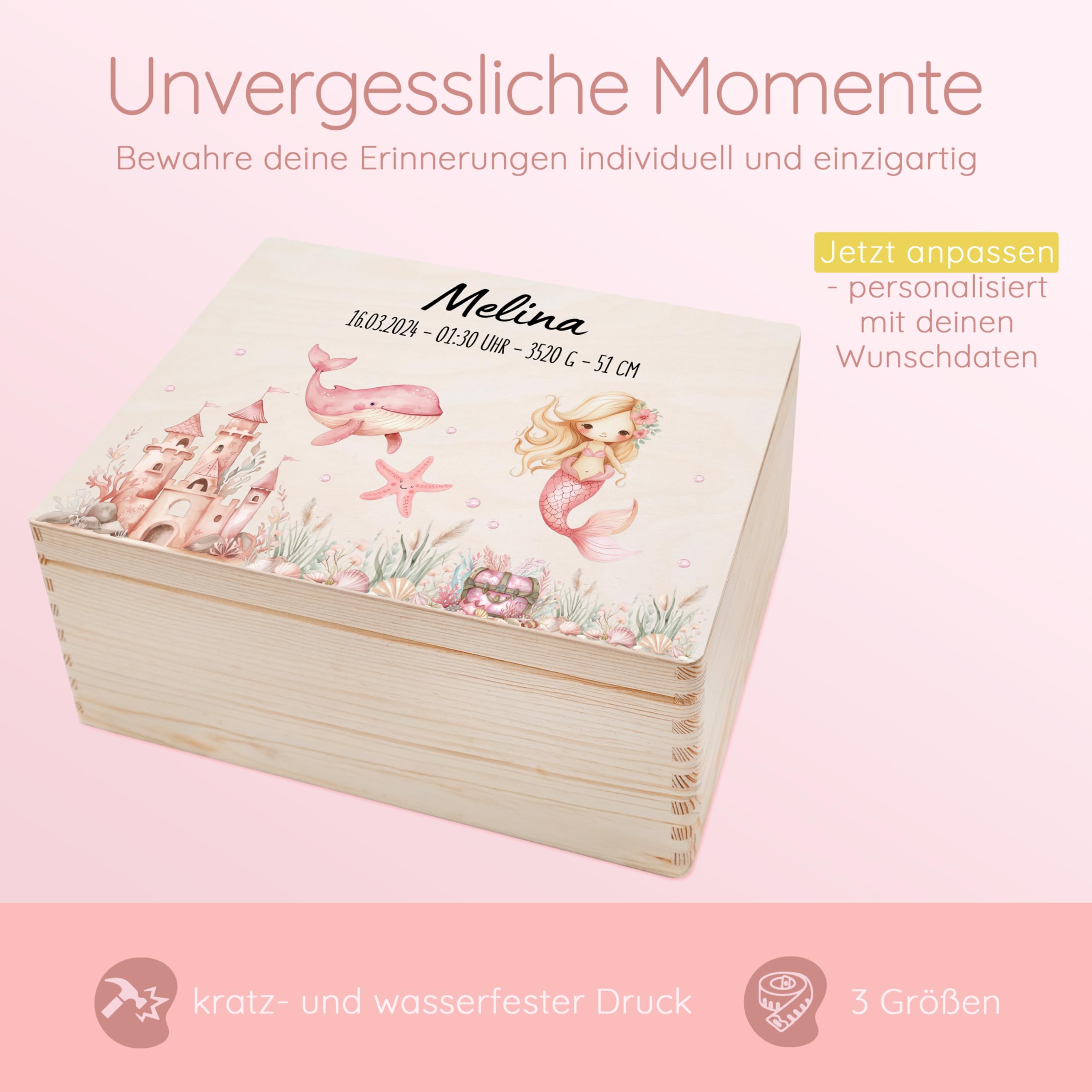 Bärenfreunde - Personalisierte Erinnerungsbox Baby mit Spezial-Druck - Individuelle Baby Erinnerungsbox - Erinnerungskiste aus Holz - Geschenk zur Geburt (S | Klappdeckel,Meerjungfrau rosa)