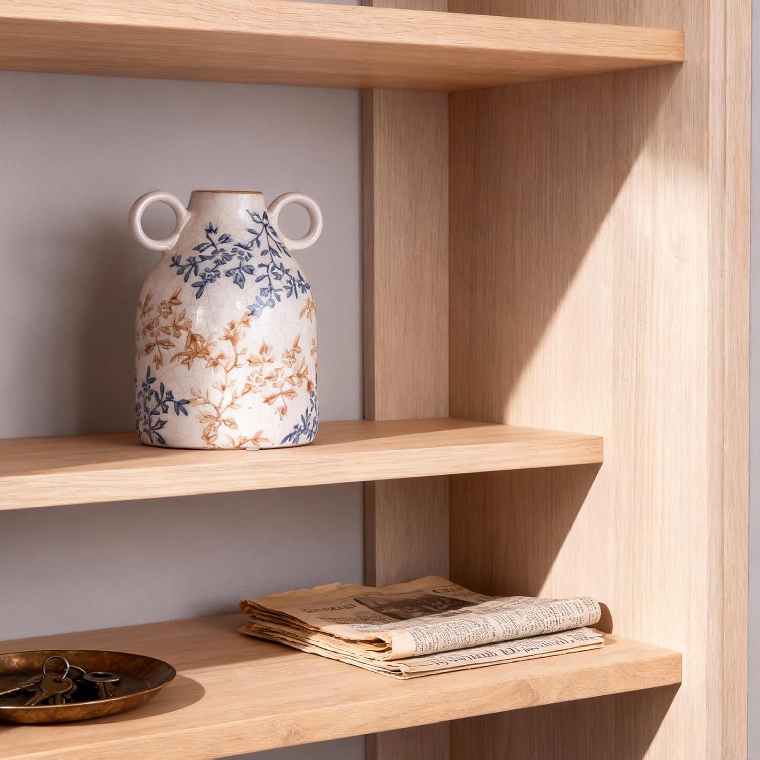 Vintage Blue Floral Ceramic Vase with Handles – French Country Crackle Glaze Jug Flower Vase for Farmhouse Living Room, Dining Table Centerpiece, or Bedroom Decor (Blue Floral)