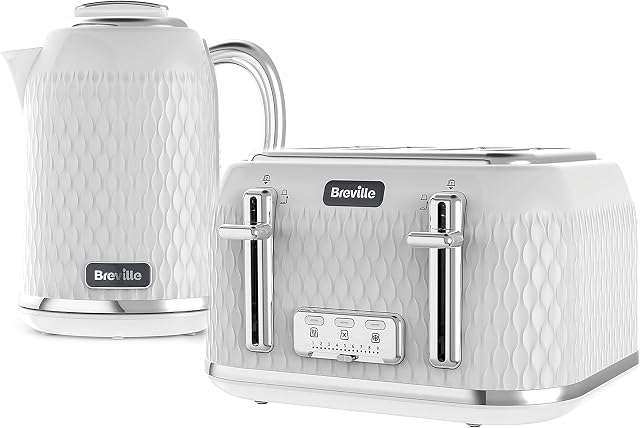 Breville Curve Kettle & Toaster Set with 4 Slice Toaster & Electric Kettle | 3 KW Fast Boil | White & Chrome