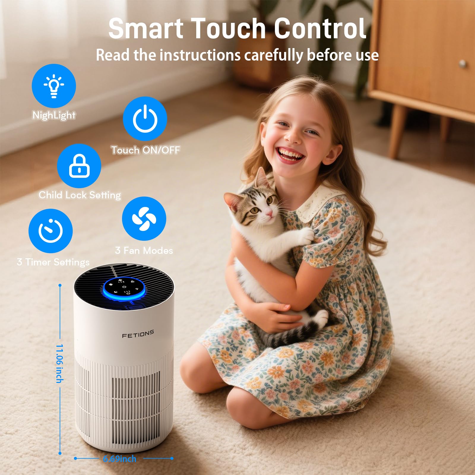 Purificadores de aire para el hogar de hasta 300 pies cuadrados, purificadores de aire pequeños para dormitorio, purificador de aire HEPA H14 con modo de espera, 3 velocidades, temporizador, función