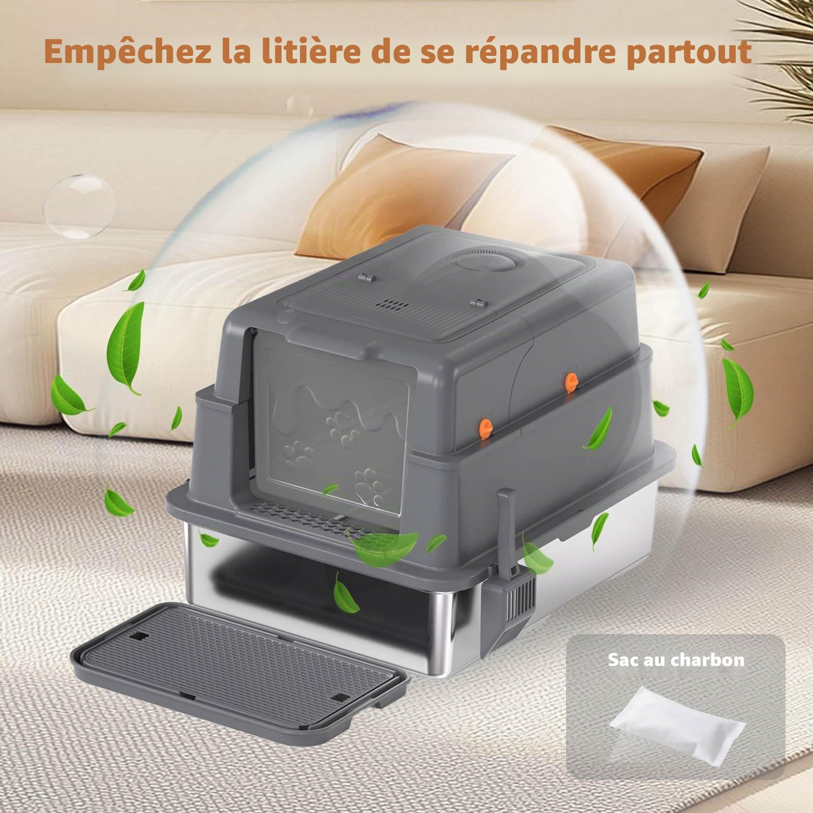 Homegroove Bac à litière pour chat XXXL - En acier inoxydable - Avec couvercle - 70 x 50 x 45 cm - Extra large - Avec pelle et pédale - En métal fermé - Anti-fuite - Gris