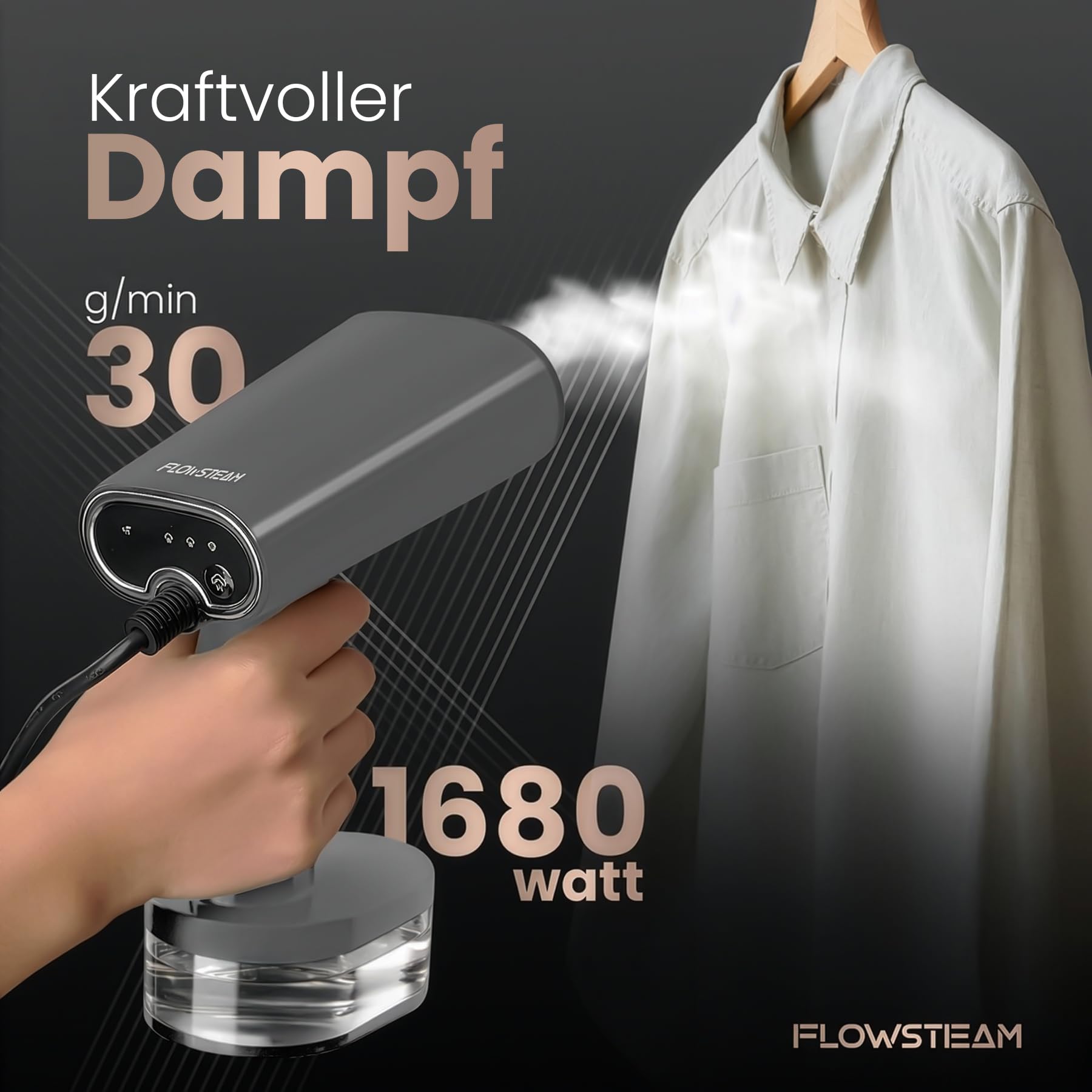 Kleidung Dampfglätter – 1680W Hand-Dampfbügeleisen, 25s Schnellaufheizung, 370ml Wassertank, 3 Dampfmodi, Trockenbügelfunktion, Hitzebeständiger Schutzhandschuh (Mattgrau)