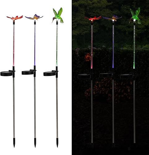 Miniatura 2 de Alpine Corporation Juego de 3 estacas de jardín con luz solar de fibra óptica LED de mariposa, colibrí y libélula de 33 pulgadas de alto