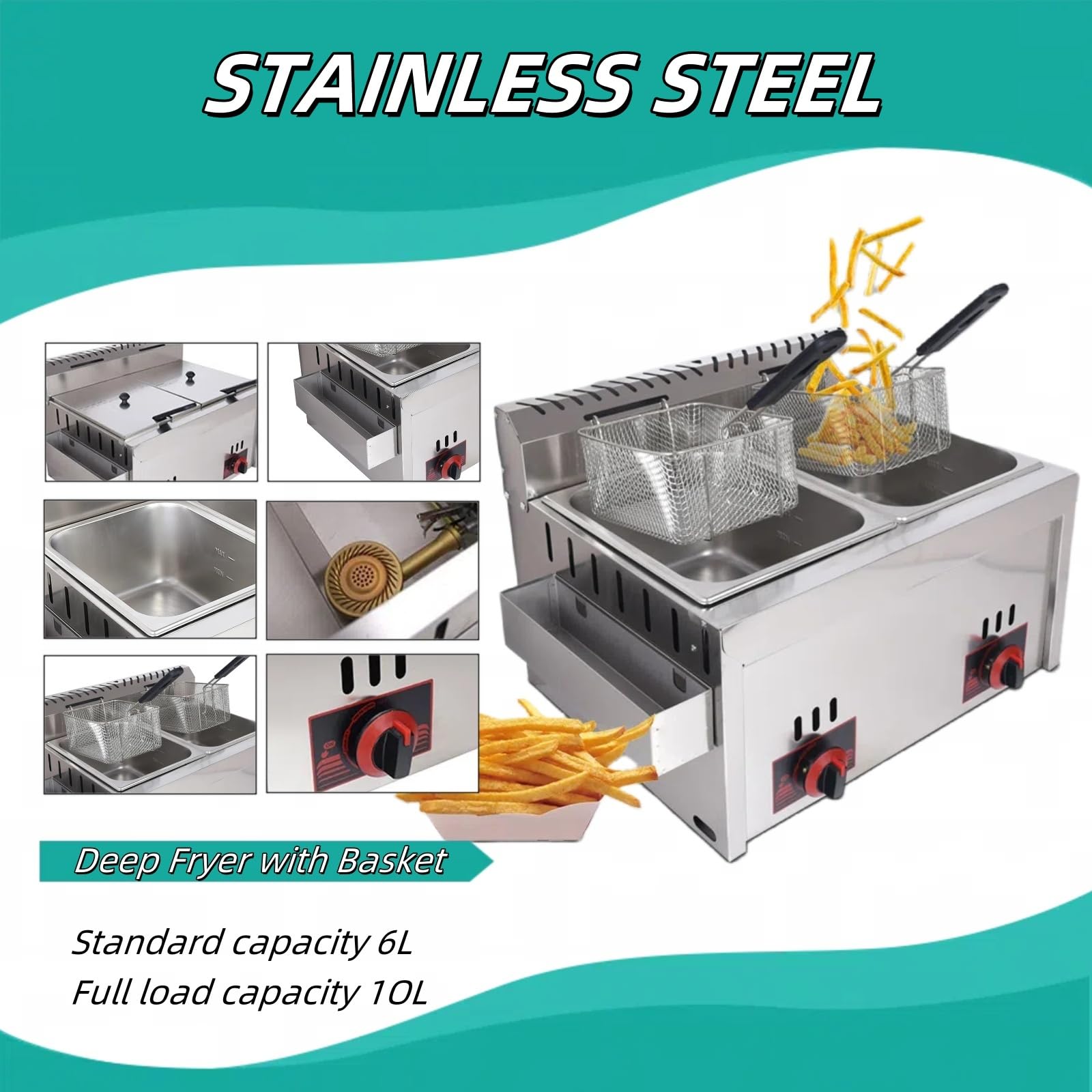 Freidora De Gas Freidora Doble Freidora Industrial Sarten Freidora con Cestillo De Cesta para Encimera De Restaurante Comercial MáQuina para Cocinar Alimentos A