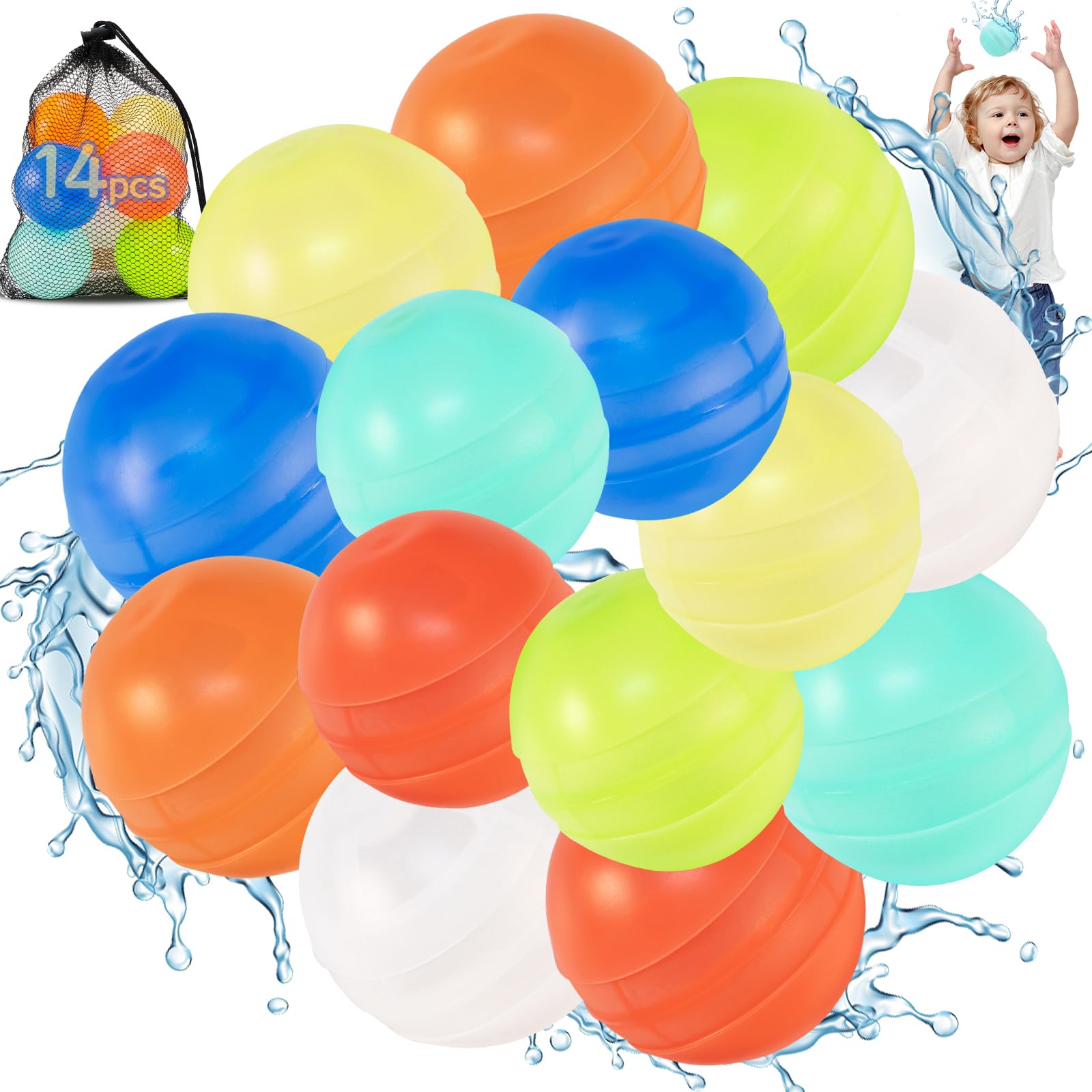 Bzavor Pack of 14 Reusable Water Bombs with Mesh Bag, Silicone Water Bombs Water Balloons Reusable, Reusable Water Balloons, Reusable Self-Closing Water Bombs for Children