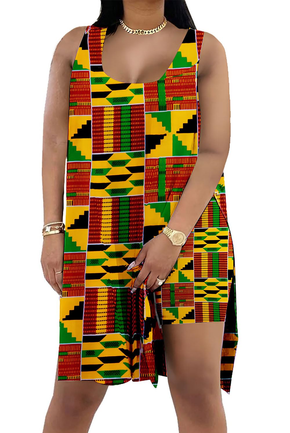 Women Plus Size African Print 2 Piece Summer Set Sleeveless Waist Cinching Top Stretch Biker Shorts Kente Pattern
