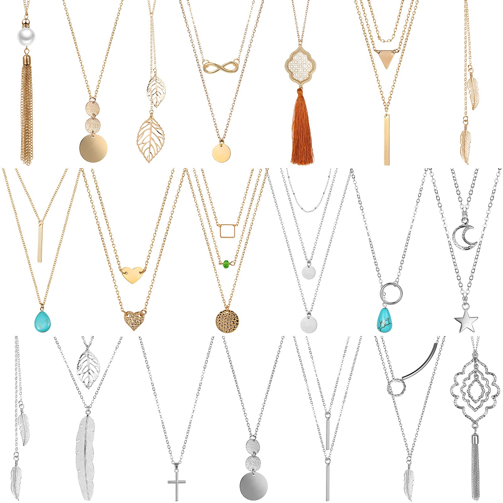 Yaomiao20 Pieces Valentine's Day Long Pendant Necklace Y Tassel Leaf Circle Bar Necklace Simple Bar Layer Tassel Y Charm Necklace Set for Women Girls