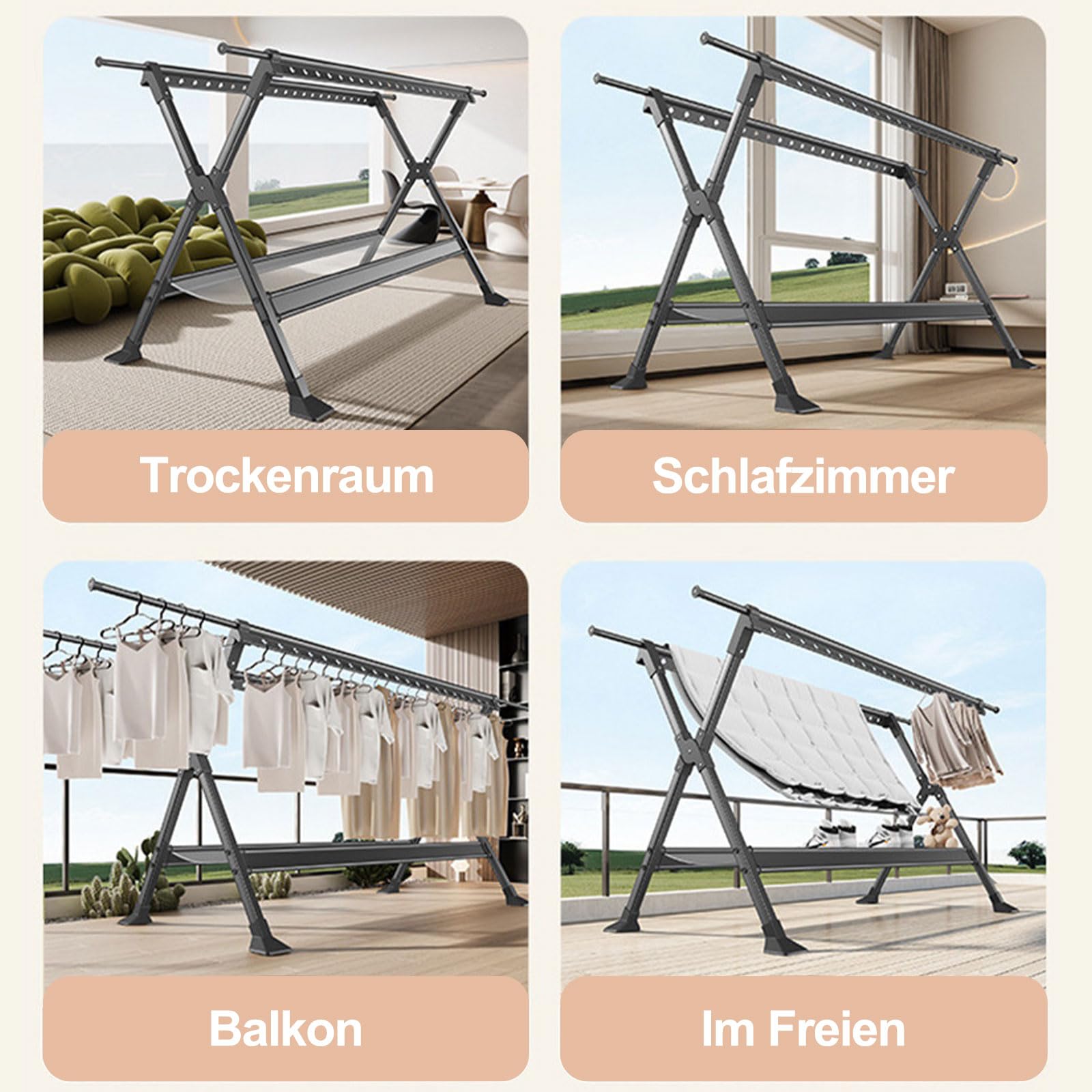 Wäscheständer Ausziehbar, Aluminium-Wäschespinne Camping, Faltbarer Kleiderbügel, Verstellbarer Kleiderständer für Waschküche, Schlafzimmer, Wäscheständer Balkon, Schwarz