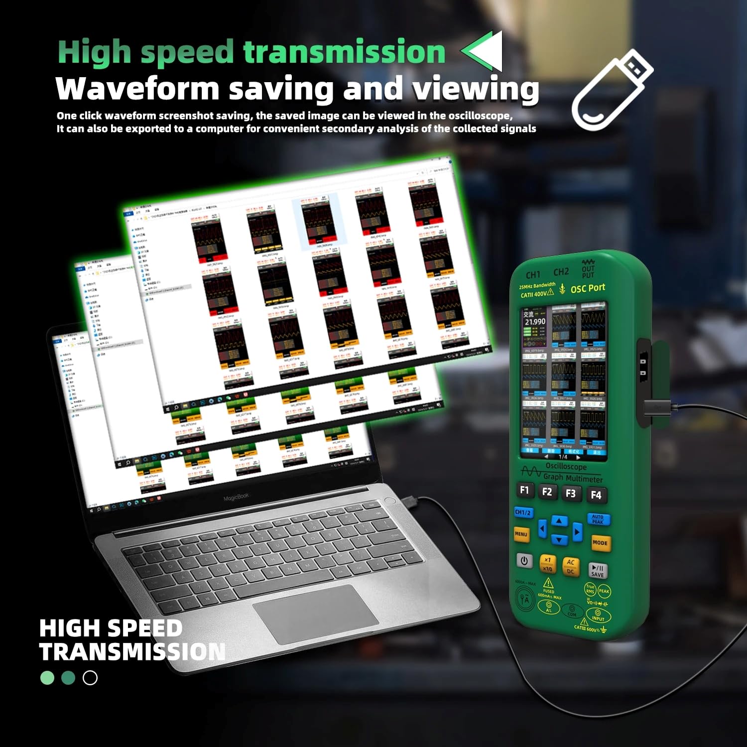 4 in 1 Tragbares Oszilloskop Digital Multimeter + Funktion Dual Channel Automatic Signal Generator Osciloscópio Tools Graftester Stromprüfer (O7 25 MHz)