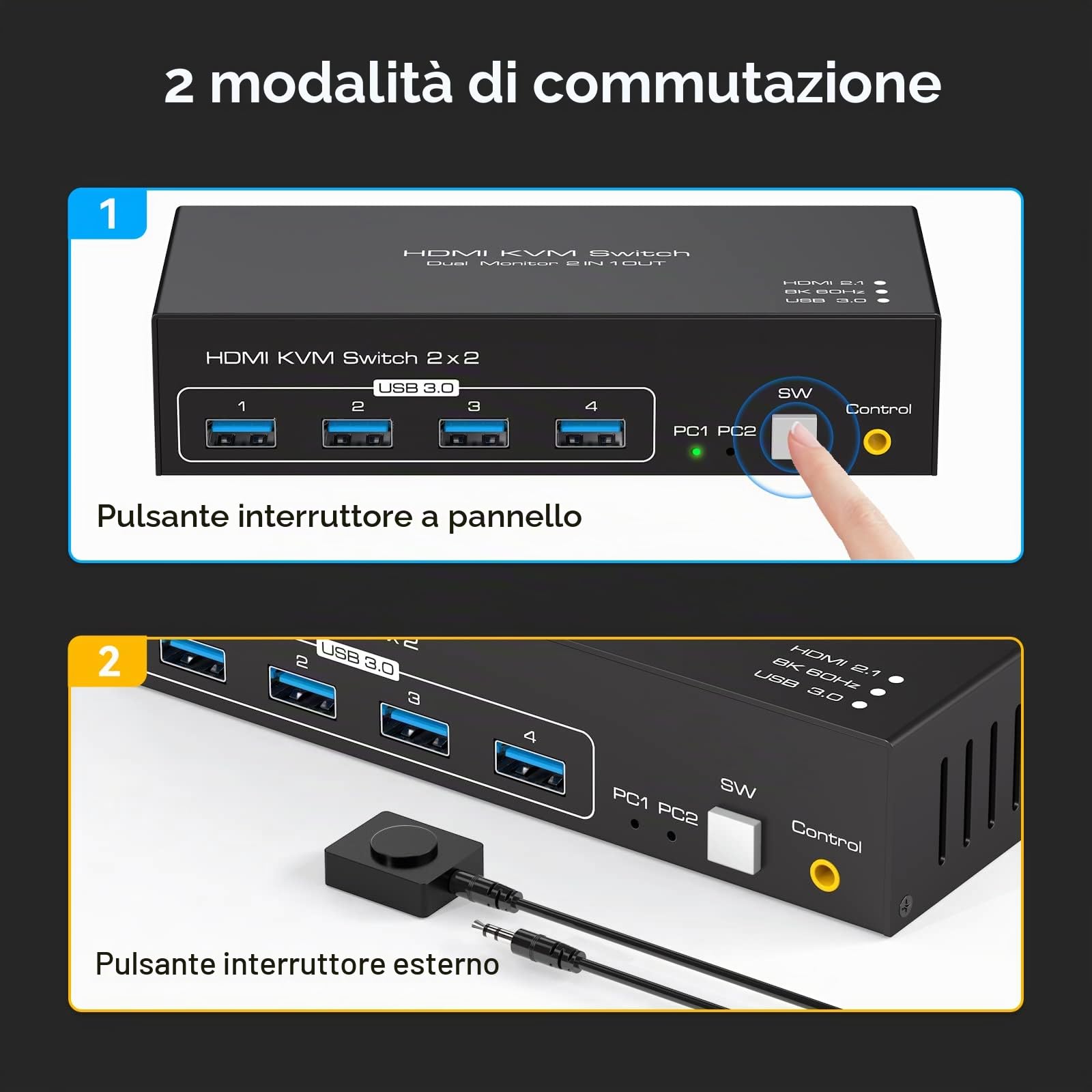 4K120Hz HDMI Interruttore KVM 2 PC 2 Monitor 8K60Hz Per KVM Switch 2 PC 2 schermi con 4 porte USB 3.0 Supporta il controllo dei cavi desktopInclude 2 cavi USB3.0