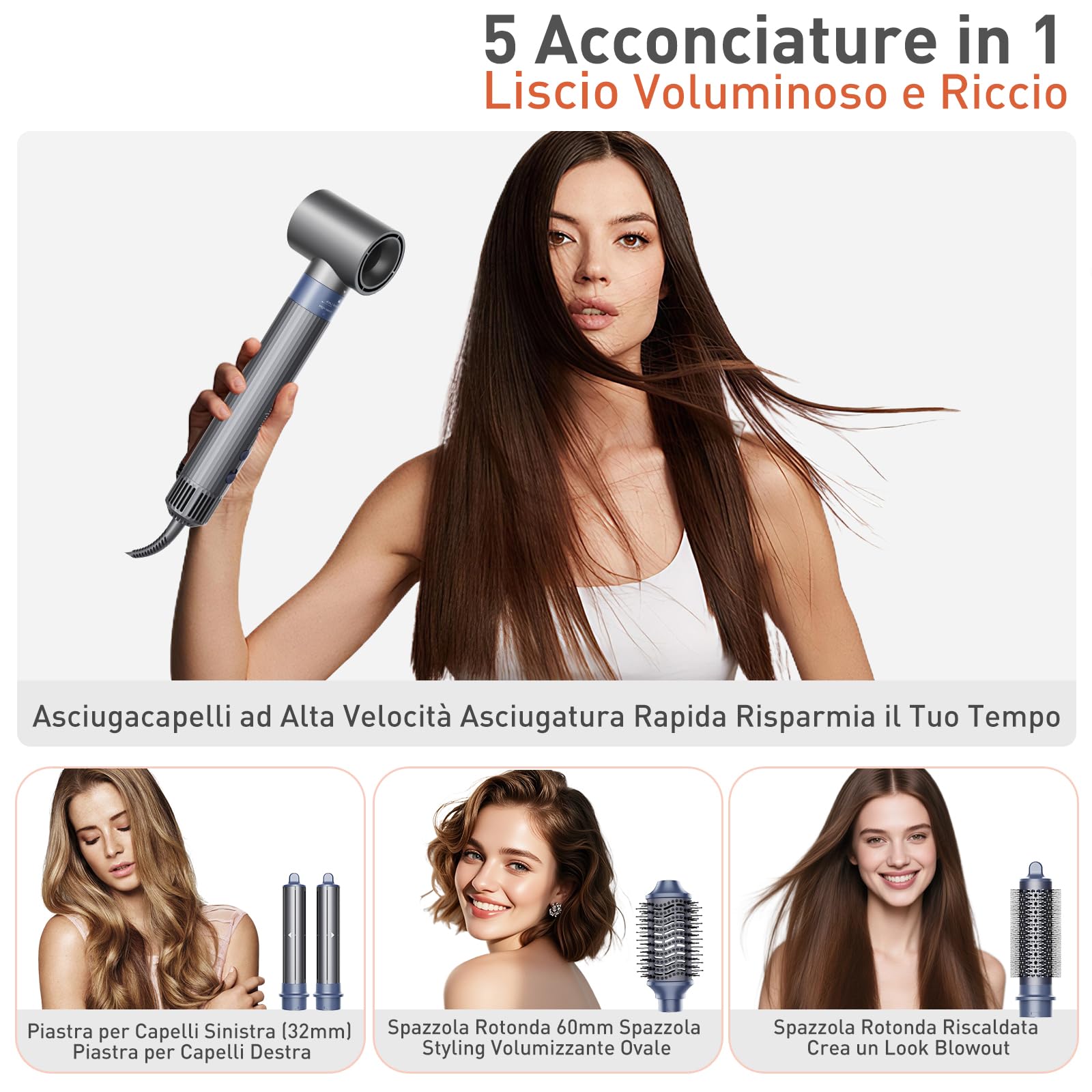 TANSHINE 5 in 1 Spazzola Asciugacapelli Rotante ad Aria Calda Elettrica per Capelli, Hair Air Styler,Spazzola Arricciacapelli per Ricci Styling,Lisciante,Volumizzante