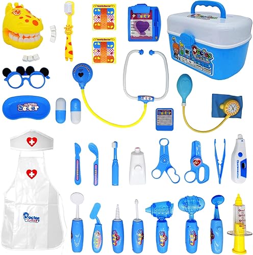 Kit de médico para niños, 32 piezas de juguetes de doctor, juego de dentista con estetoscopio y esfigmomanómetro, juego de rol de doctor para niños