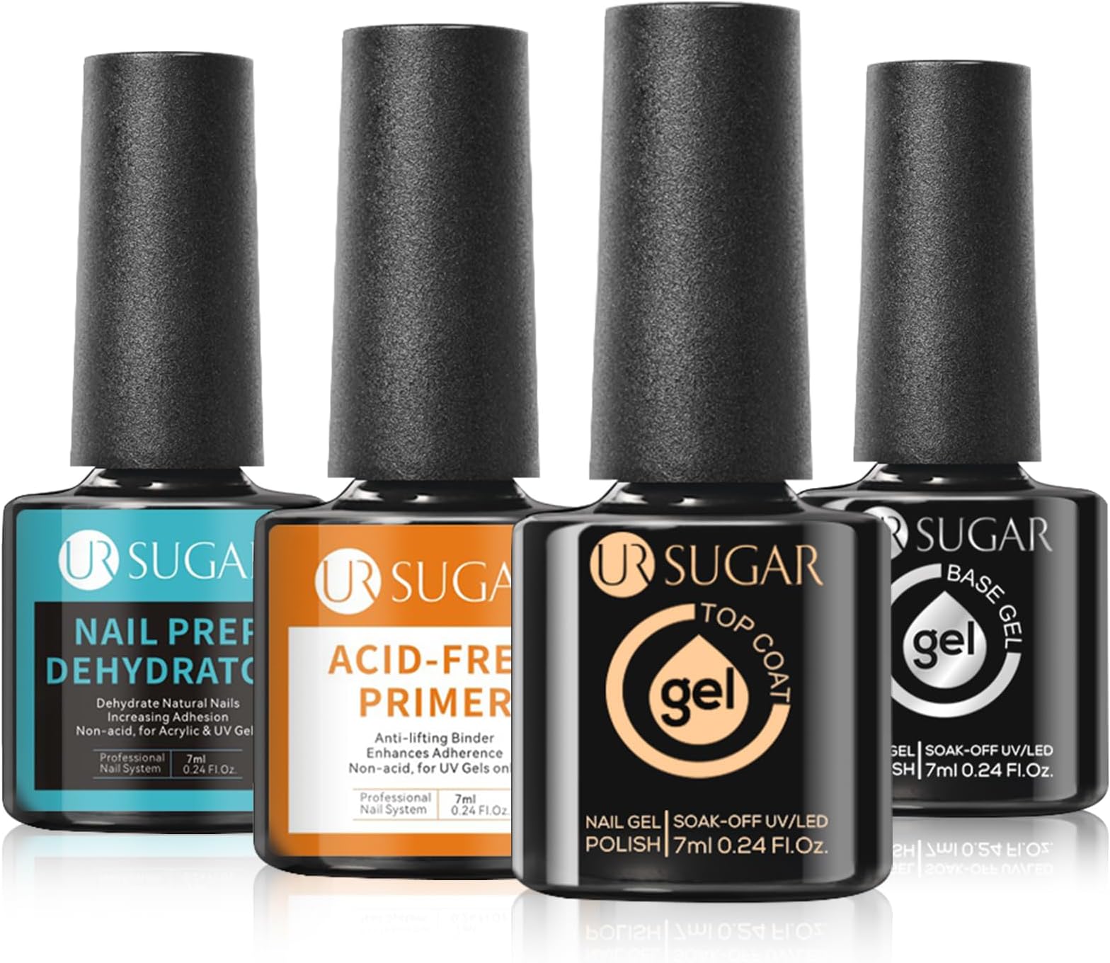 UR SUGAR 4 Pcs Nail Dehydrator Nail-Primer Base and Top Coat, Acid Free Natural Nail Prep Dehydrate & Bond Nail-Primer Kit, Glossy Surface Quick Drying Long Lasting and Easy to Apply