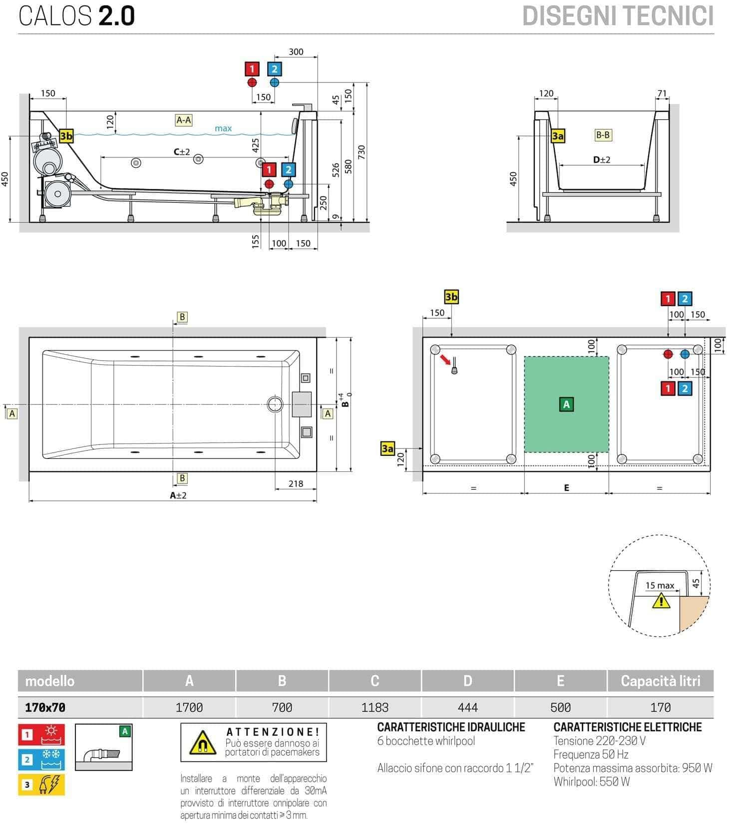 Novellini Calos 2.0 Hydro Dezynfekcja Wanna Boczna Woda 6 Dyszy 170 x 70 H58 cm Odwracalny Prostokątny 1 Panel Przedni 1 Boczny Akryl Biały Błyszczący Kolumna Kran Poduszka Wyświetlacz