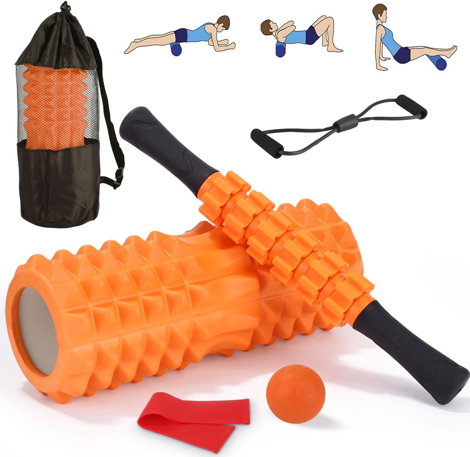 Naranja Foam Roller kit Pilates 5 en 1, Rulo Pilates de alta Densidad,