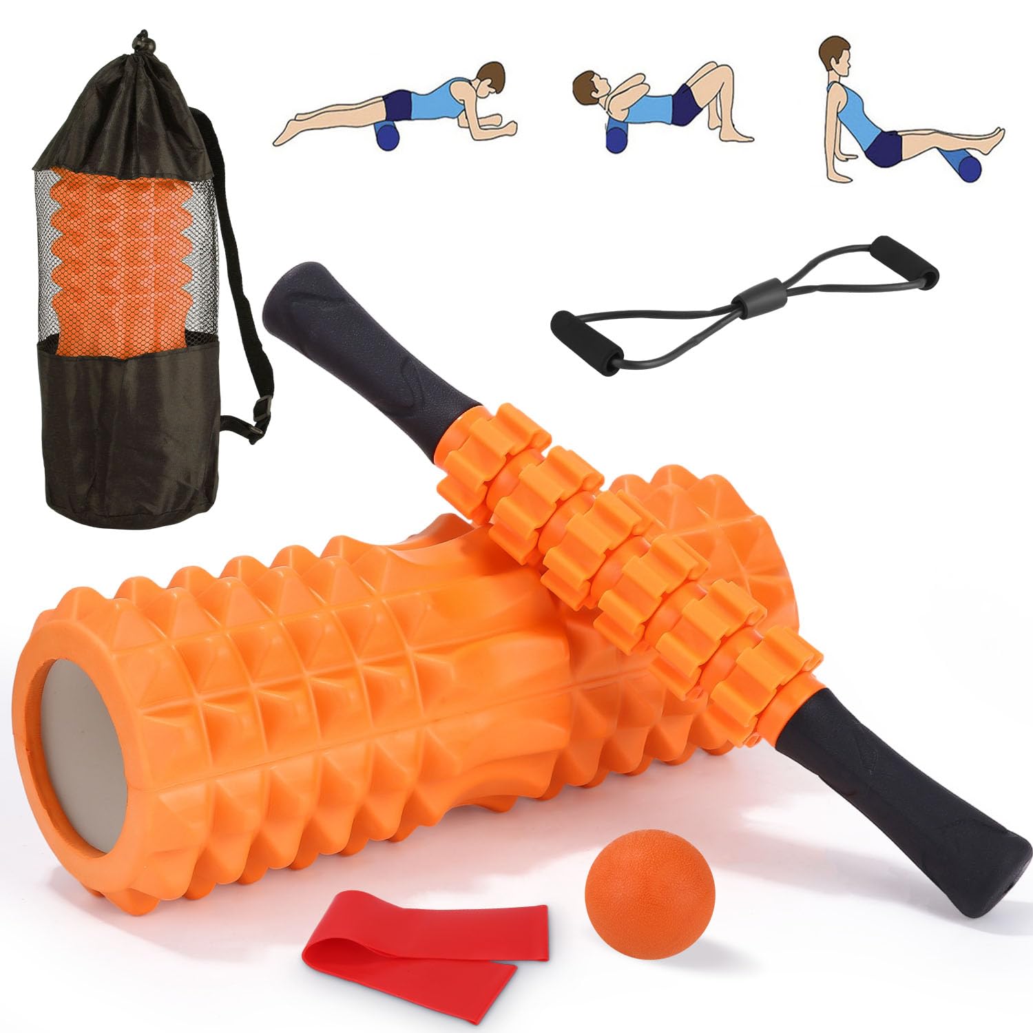 Naranja Set di Foam Roller 5 in 1, Roller Pilates ad alta Densità, Rullo per Massaggio,Pallina Massaggio Muscolare, Tenditore, Fascia di Resistenza per Massaggio, Esercizi di Fitness Attrezzi Pilates