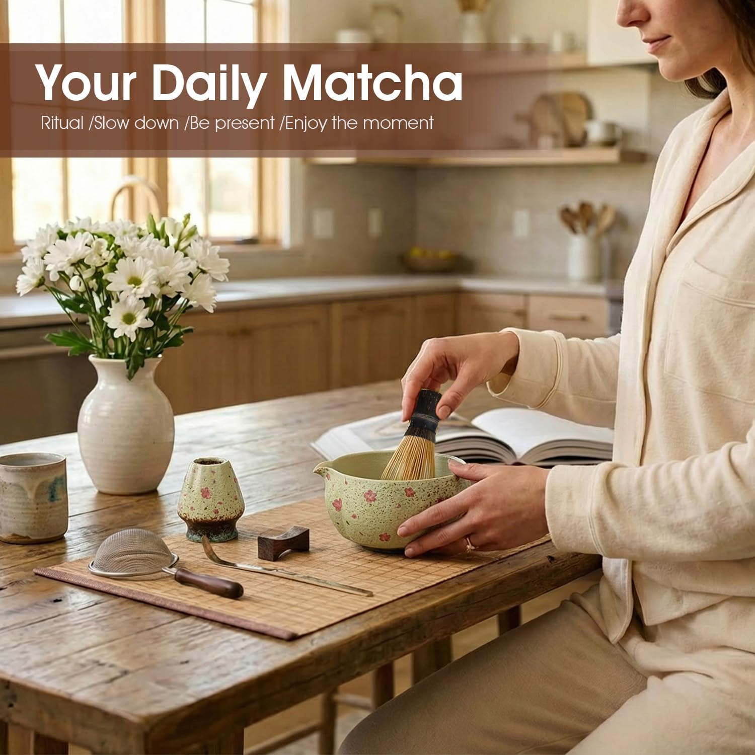 7-Piece Matcha Set with Ceramic Matcha Bowl, Bamboo Whisk (Chasen) & Holder, Sifter, Tea Scoop & Rest, Special Bamboo Tea Mat - Perfect Matcha Kit for Matcha Lovers & Gift Giving, Sakura - Image 3