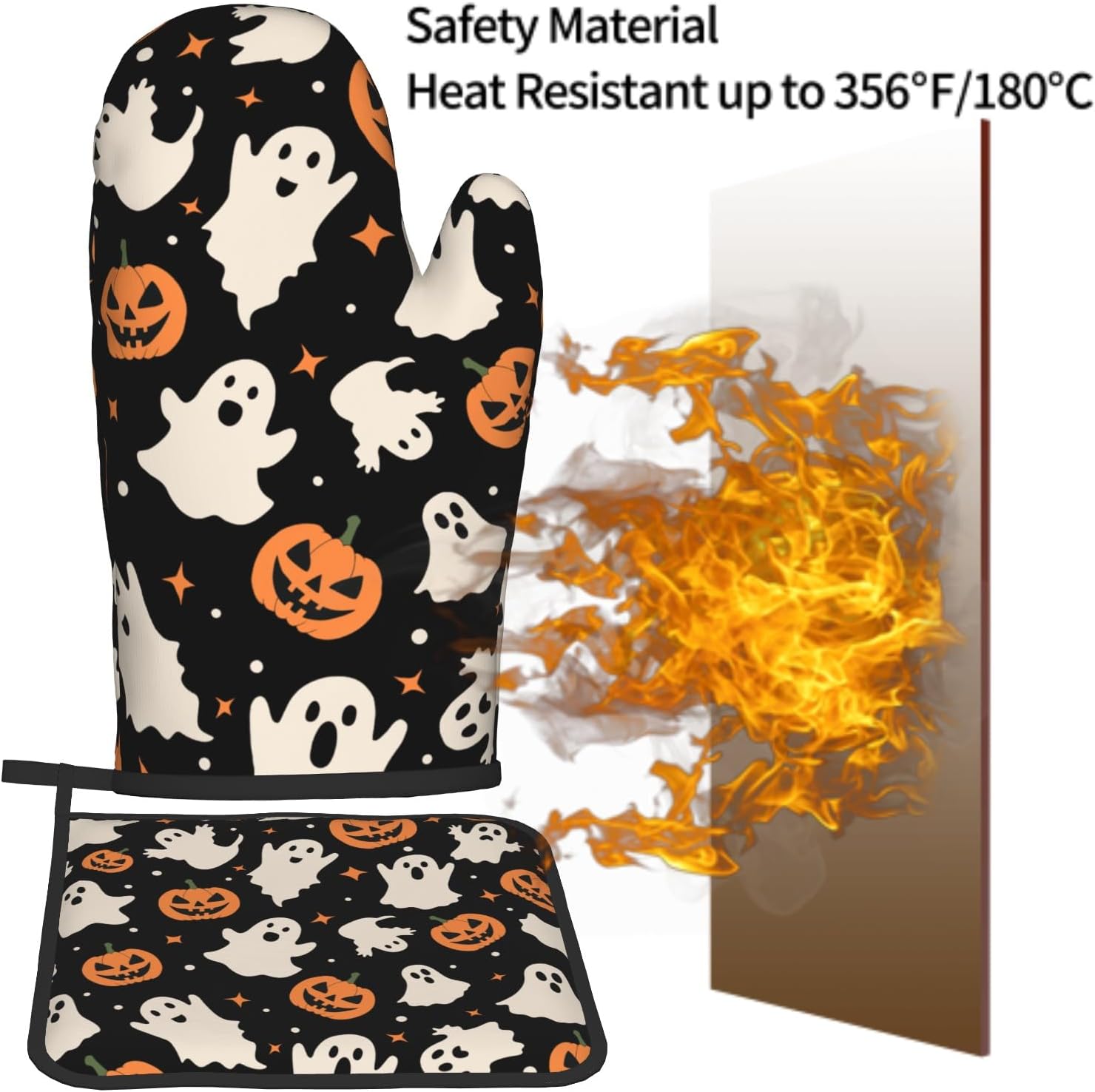 Halloween Pumpkin Ghost Oven Mitts and Pot Holders Sets Orange Black Spooky Lantern Heat Resistant Kitchen Oven Gloves Hot Pads 2 Pack Set for Fall Holiday Cooking Baking Grilling BBQ
