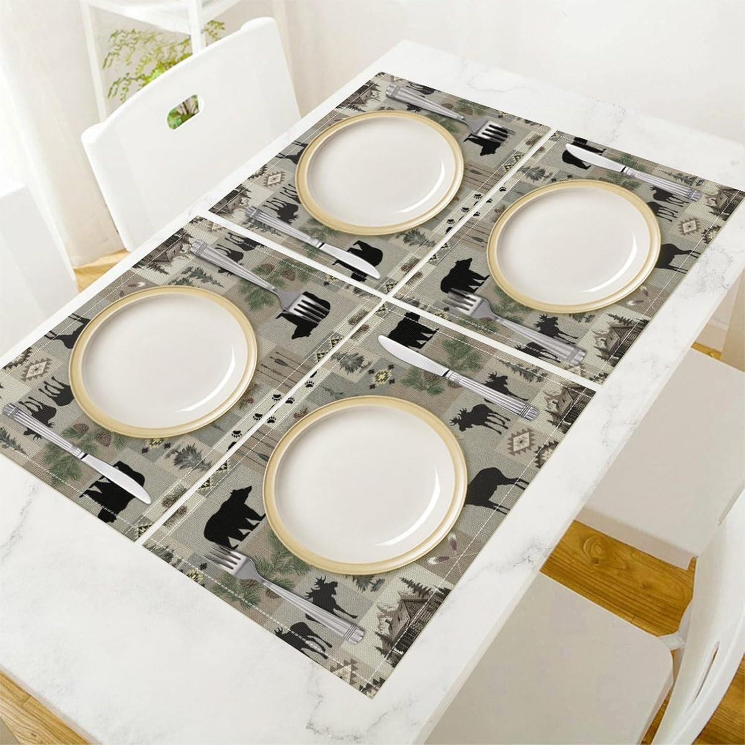 Retro Rustic Lodge Bears Deer Placemats Set of 6, Vintage Cabin Pine Tree Farmhouse Country Style Place Mats, Heat Resistant Non Slip Cotton Linen Dining Table Mats for Home Kitchen 18x12 Inch