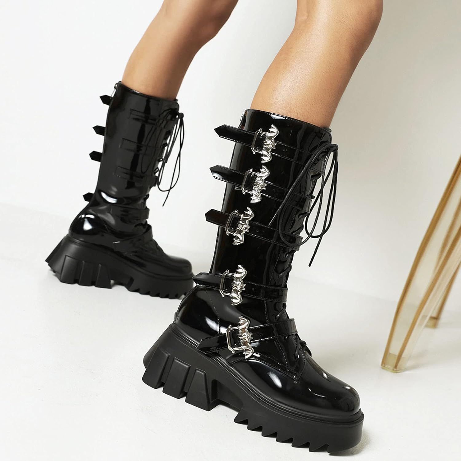 CYNLLIO Women's Lace-up Platform Boots Block High Heel Zip Gothic Mid Calf Boots with Bag Punk Motorcyle Boots Combat Boots