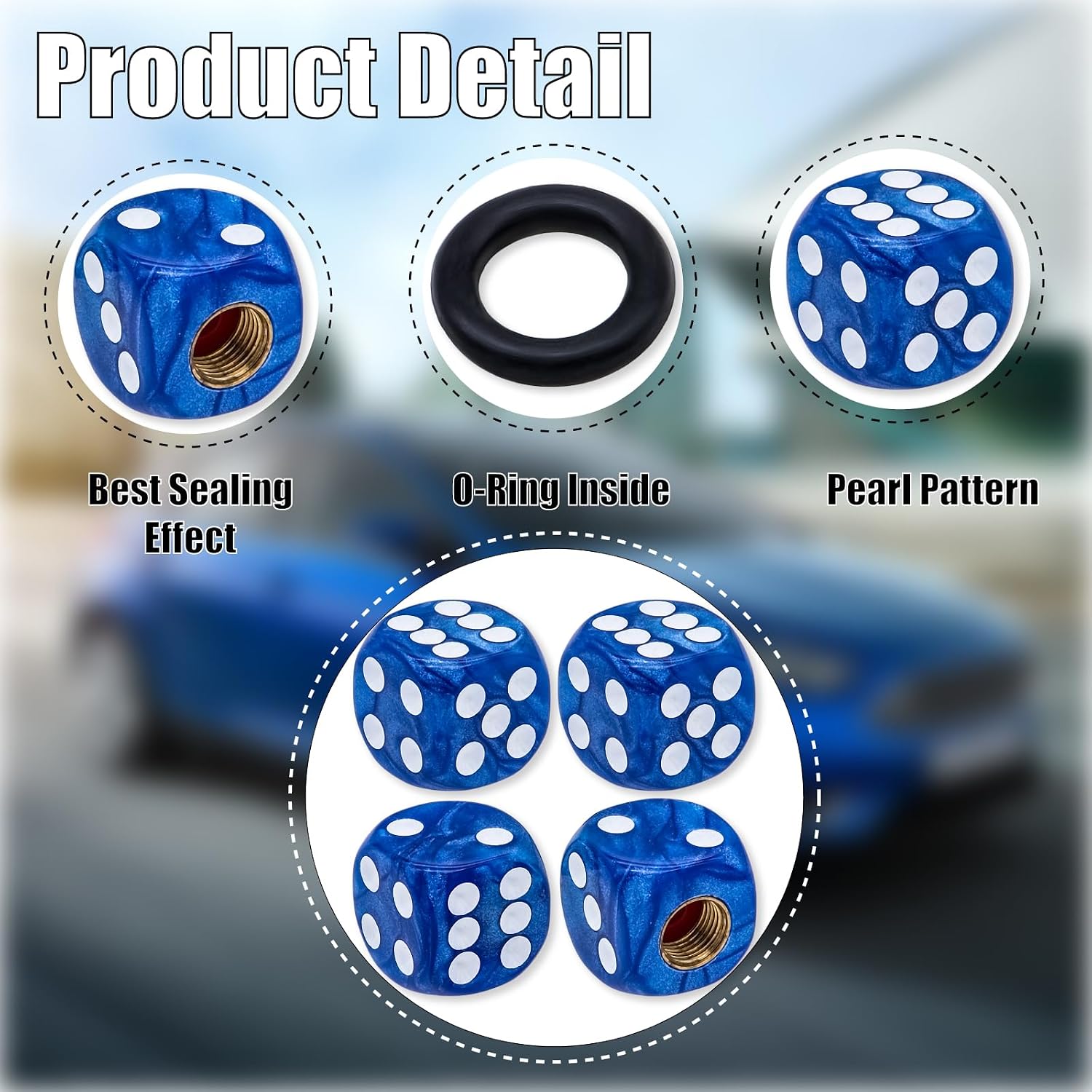 4PCS Pearl Pattern Dice Tire Valve Stem Caps, Leak-Proof Air Protection | Light-Weight Universal Tire Valve Stem Covers for Cars, SUV, Trucks, Bikes, Motorcycles, Bicycles(Blue)