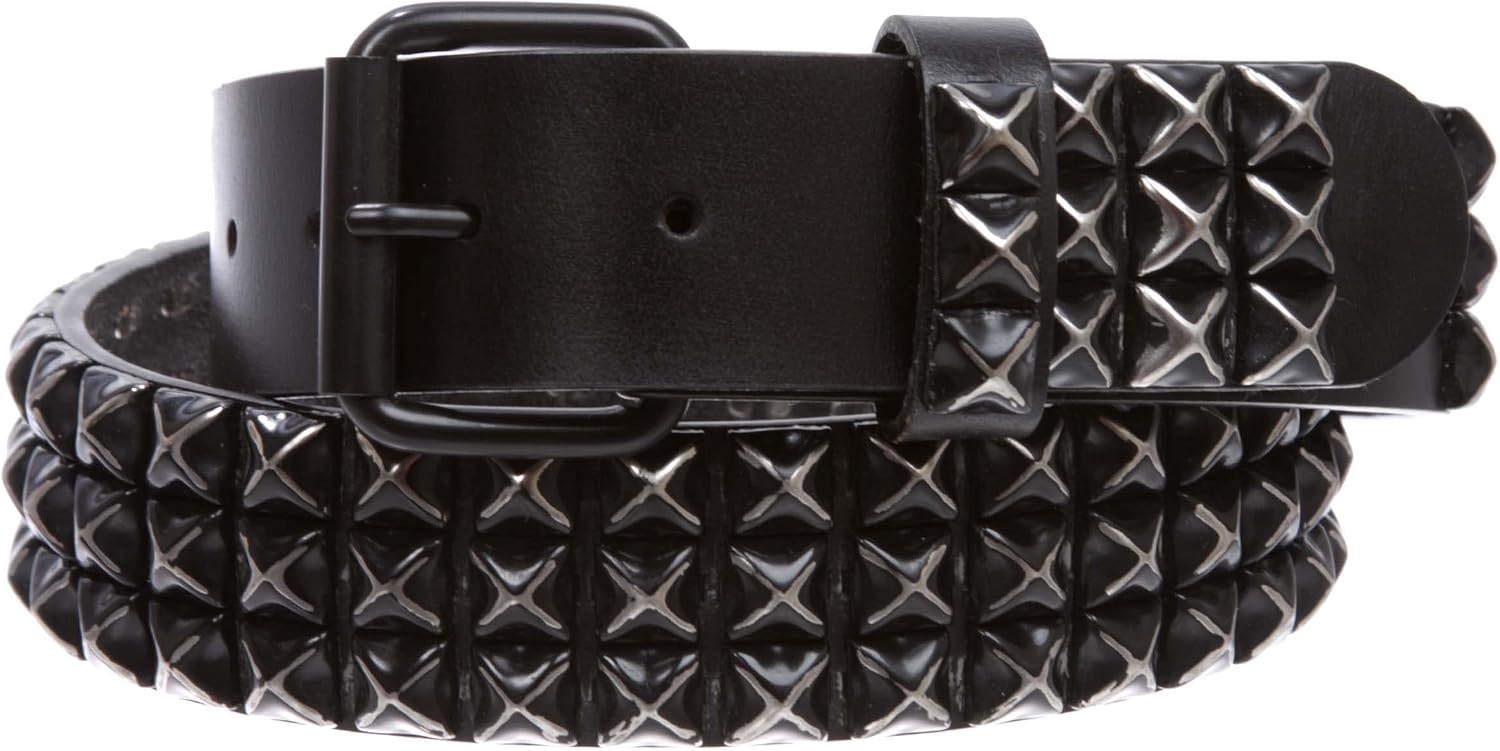 Beltiscool 1 1/2" Snap On Three Row Punk Rock Star Metal Studded Cowhide Leather Belt