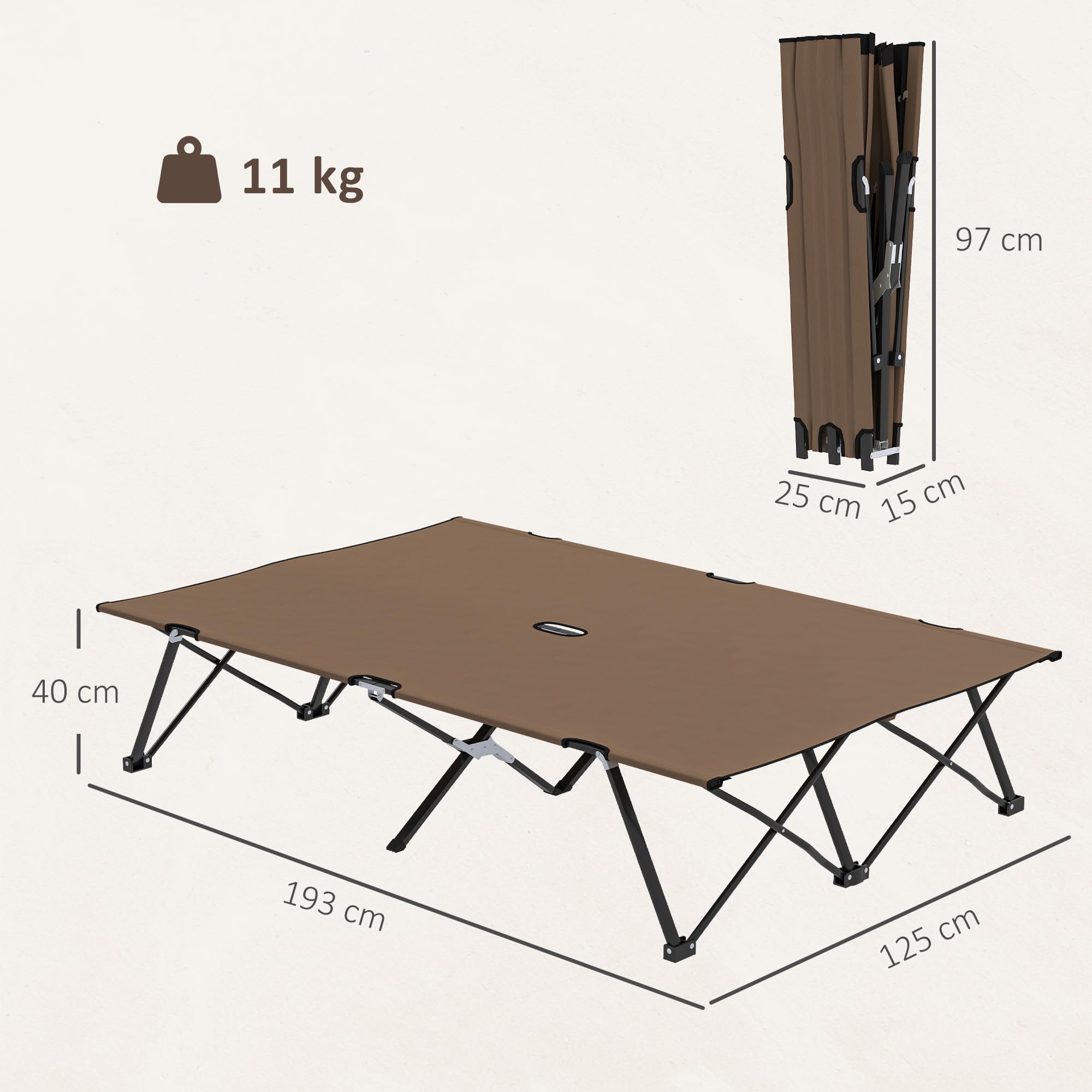 Lit de camping double Outsunny Lit de camp pliable Transat d'extérieur Lit de jardin ultra léger avec sac de transport (kaki)