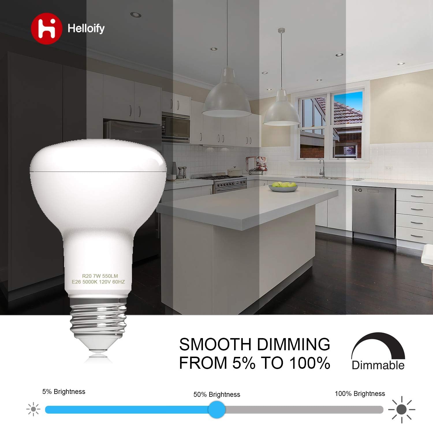 helloify Dimmable R20/BR20 LED Flood Light Bulb, 7W, 50W Equivalent, 5000K Daylight White, 600lm Each, Energy Saving Lamp for Office/Home, E26 Screw Base, 6 Count (Pack of 1)