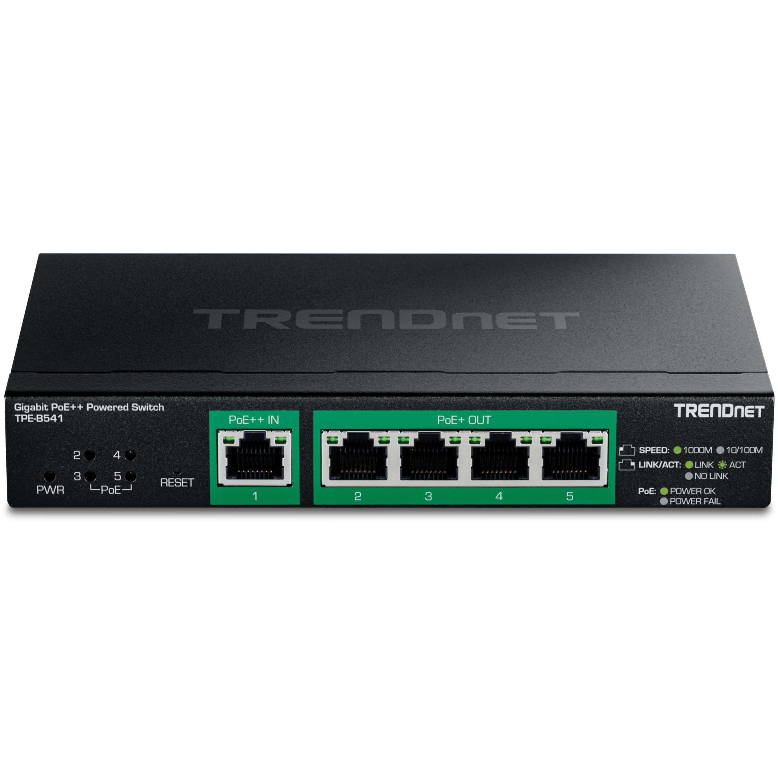 TRENDnet Switch gestionado de 5 Puertos Gigabit PoE++ con Paso PoE, TPE-B541, 1 Entrada Gigabit PoE++, 4 Salidas Gigabit PoE+, 60 W de presupuesto PoE, Compatible con NDAA TAA, protección de por Vida