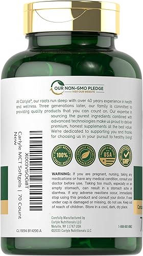 Miniatura 3 de Carlyle Cápsulas de aceite MCT | 3600 mg | 70 cápsulas blandas | Aceite de coco Keto | con ácido caprílico y cáprico | Suplemento sin OMG y sin