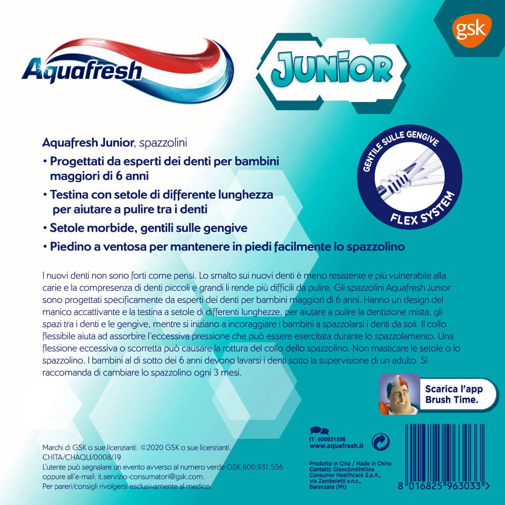 Aquafresh Junior, Brosse à dents pour enfants 6-12 ans, dents de lait et permanentes, poils doux, nettoyage efficace, cou flexible, lot de 12
