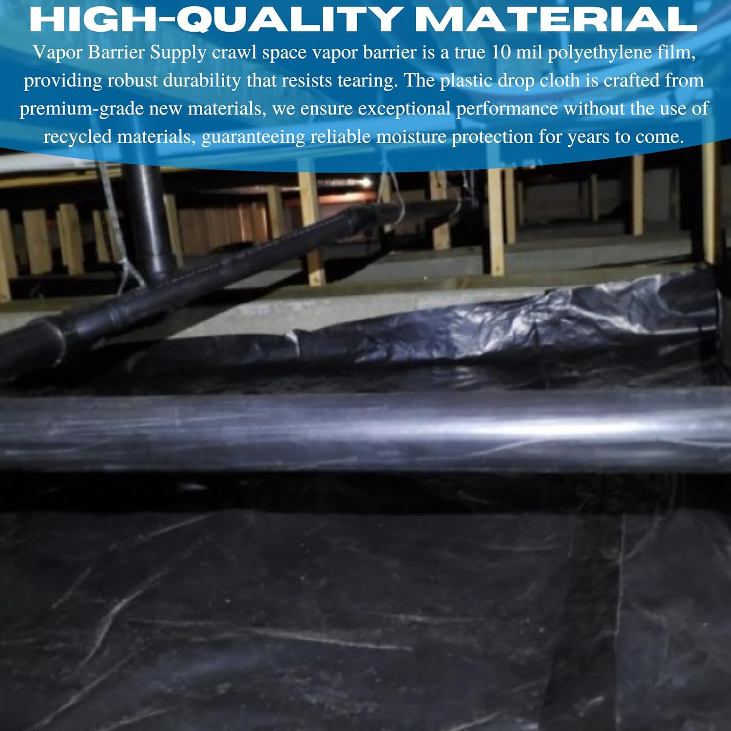 VBS - Crawl Space Vapor Barrier - 10 Mil - Black Vapor Barrier, Thick Plastic Sheeting, Heavy Duty Polyethylene Film, Drop Cloth Covering for Crawlspace, Basement (10' x 100')