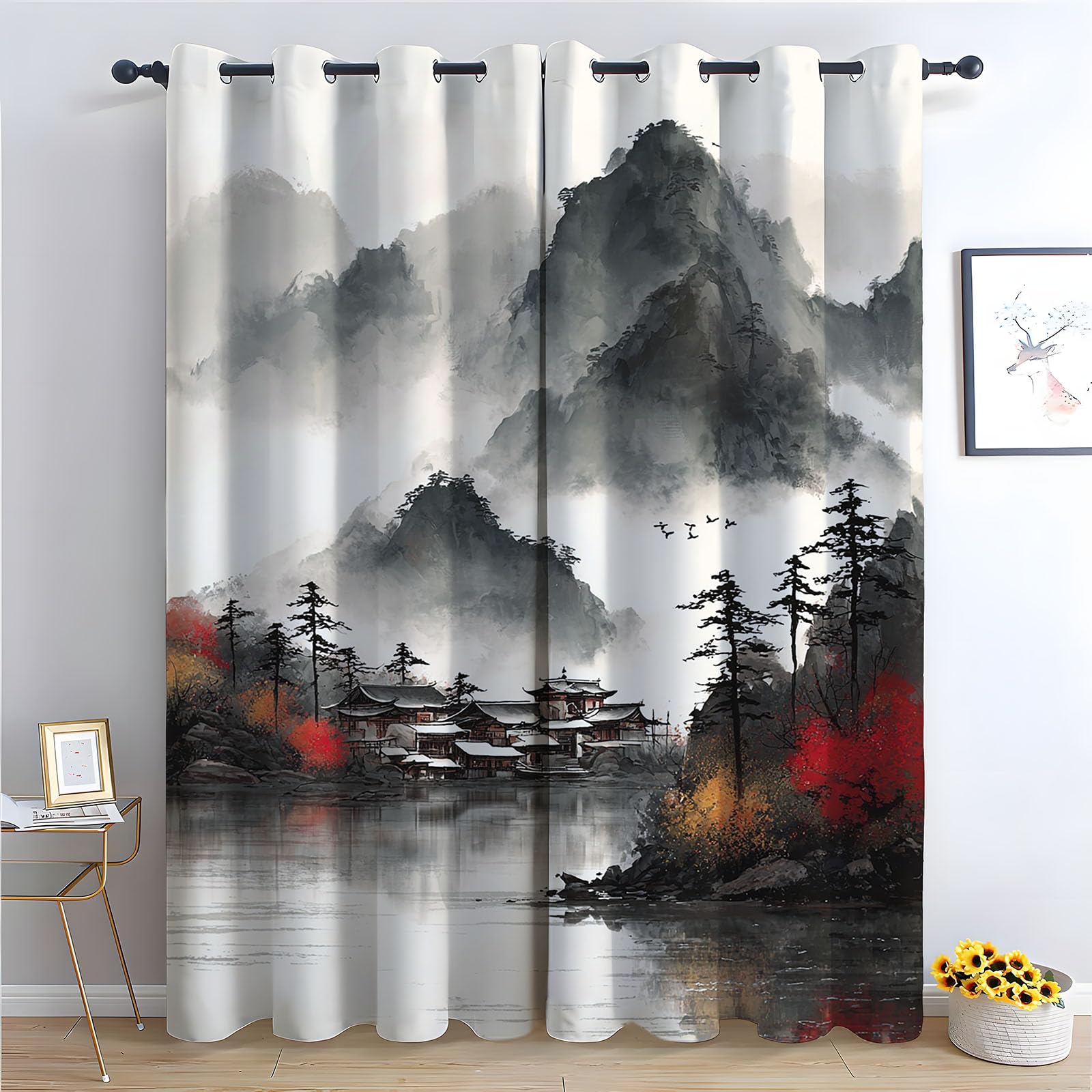 WQBQKKX Abstract Line Curtains Eyelet Ink Painting Bohemian Flower Plant Print Thermal Insulated Window Drapes, Botanical Art Window Treatments-52 W x 72" L (Pack of 2)