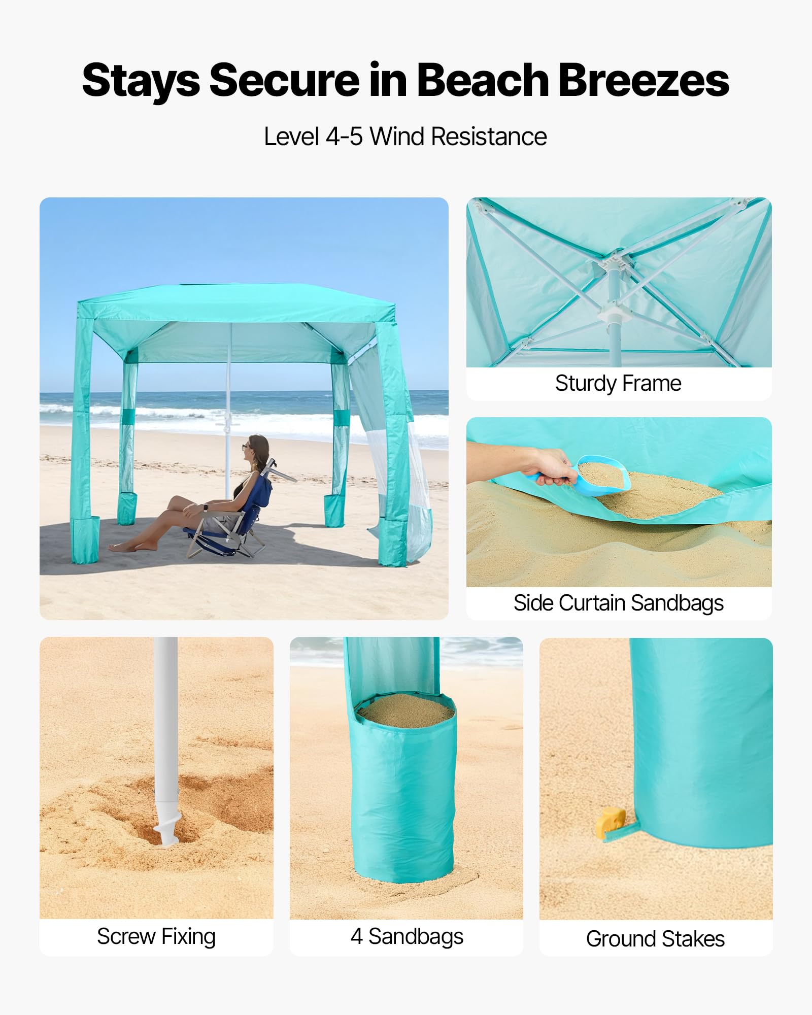 VEVOR Namiot plażowy 2400 x 2400 x 2400 mm, ze ścianą boczną, łatwy montaż, z kieszeniami na piasek, przenośny parasol przeciwsłoneczny z regulacją wysokości dla rodziny i przyjaciół, zielony