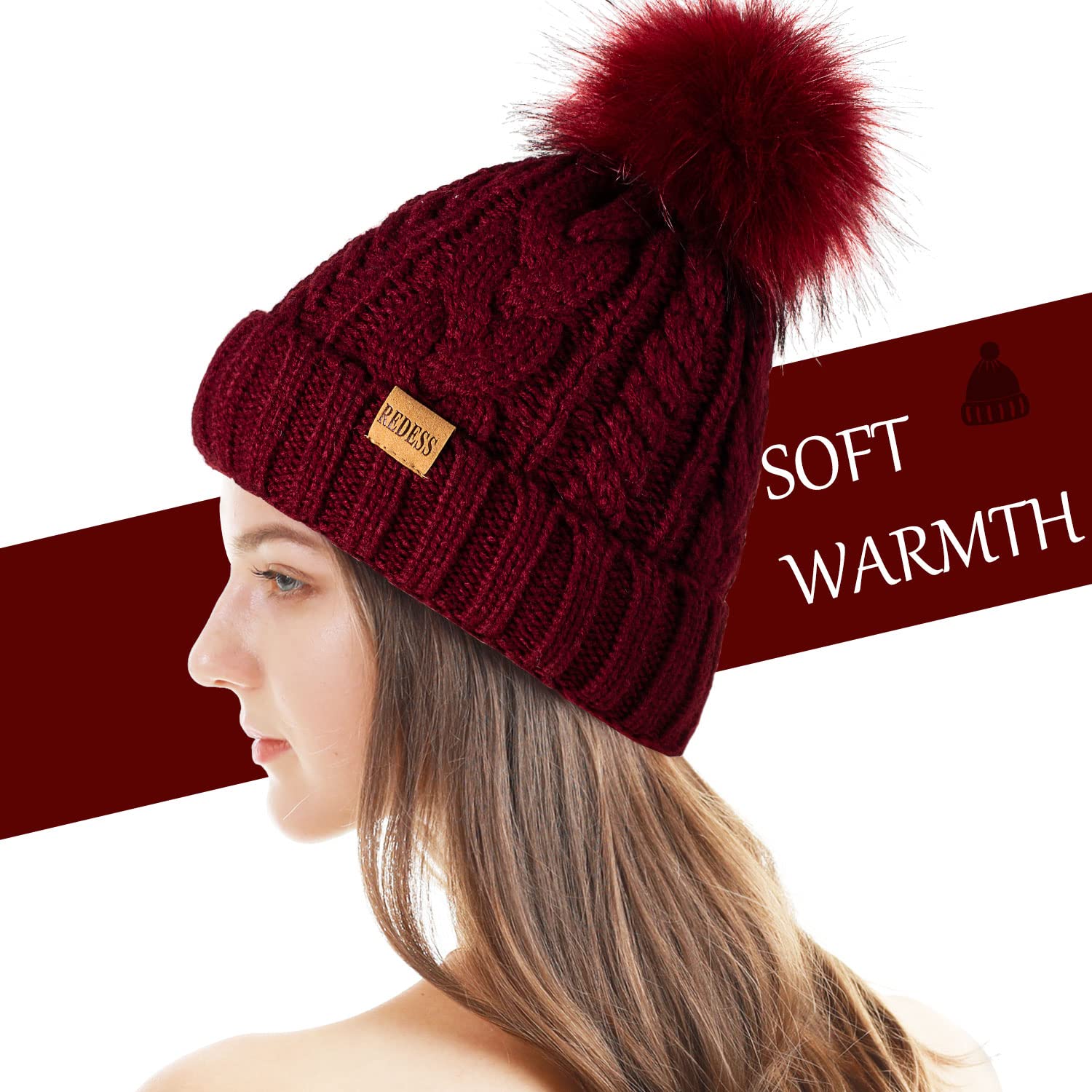 REDESS Cappello Invernale da Donna con Pom Pom Beanie Caldo Foderato in Pile Spesso Slouchy Snow Knit Chunky Baggy Skull Berretto da Sci