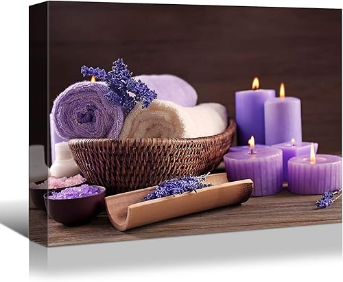 Looife Lienzo decorativo para pared, 40 x 30 pulgadas, velas moradas y flores de lavanda, arte decorativo de pared, decoración de pared moderna