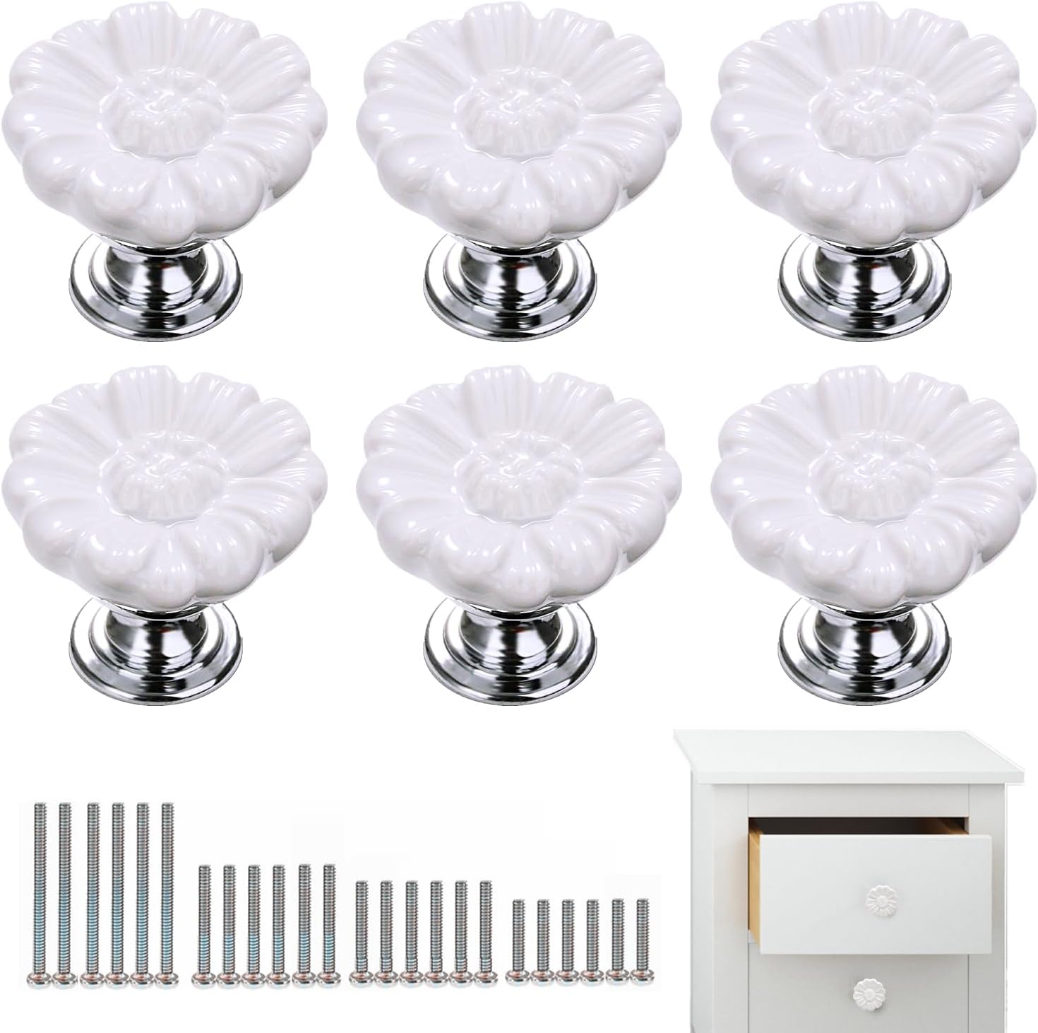 6 Pack Vintage Cabinet Knobs White Ceramic Drawer Handles Cupboard Dresser Wardrobe Closet Door Knobs Pulls Kitchen Furniture Knobs with Long Short Screws, Chrysanthemum Daisy Flower Shaped
