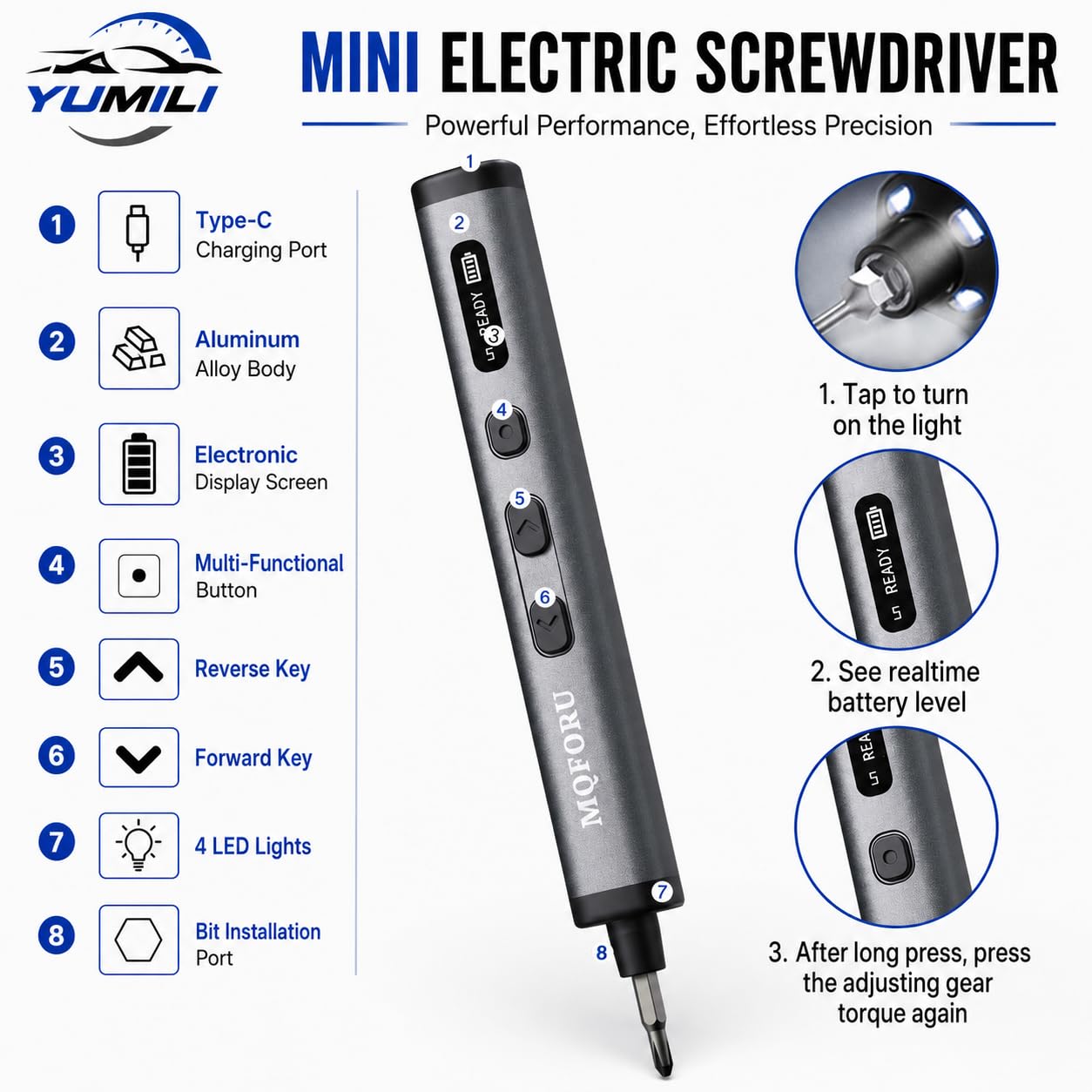 Mini Cacciavite Elettrico, 78 in 1 con 72 S2 Punte Magnetiche, Ricaricabile | Set di Cacciaviti di Precisione, 5 Impostazioni di Coppia, 4 LED per Riparare Occhiali, Orologi, Telefoni, PC, Fai-da-Te