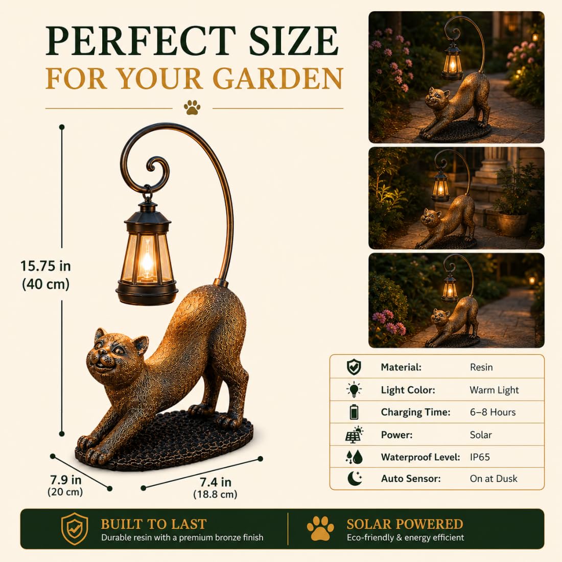 Whisker Wonder Katzenstatue, Solar Katzen Gartenfigur LED wasserdichte Skulpturen Leuchten, Süße Katzenlampe für Outdoor Katzendeko, Harz Katzenstatue Außendeko für Garten (B)