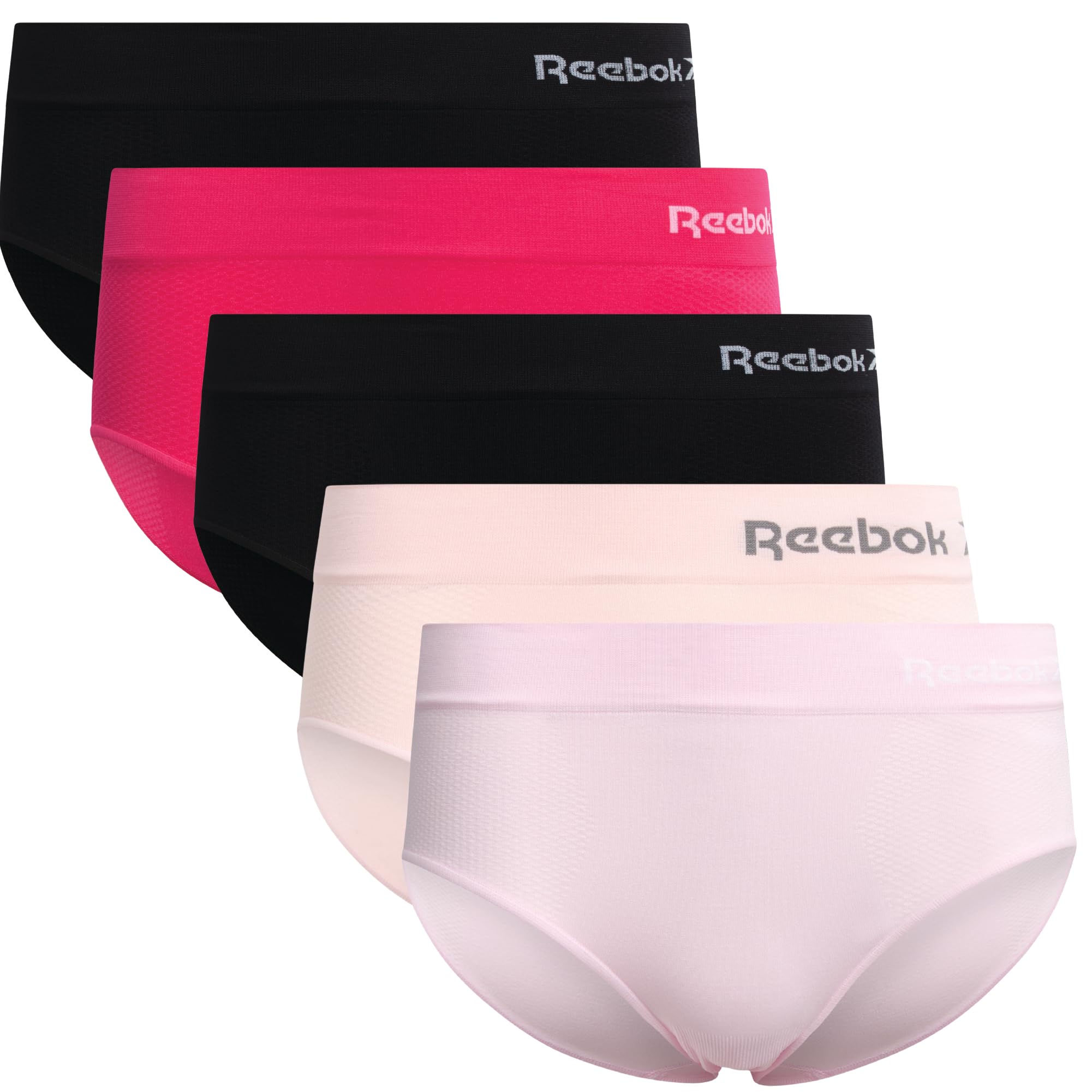 Reebok Women's Black/Dusty Rose/Raspberry Pink/Pink Lady/Grey Melange Hipster Panties For - 5 Pack Stretch Performance Seamless Underwear With Relaxed Tagless Waist (S-Xl), Size Small,