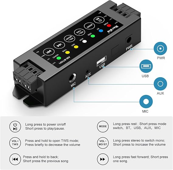 Herdio 4-Channel Amplifier Bluetooth 5.0 Amp Receiver 200W Power Output with 19V3A AC-DC Power Supply Wall Mounting,USB/MIC/AUX/TWS,for Home/Garage/Ceiling/Passive Speakers (40W Each Channel)