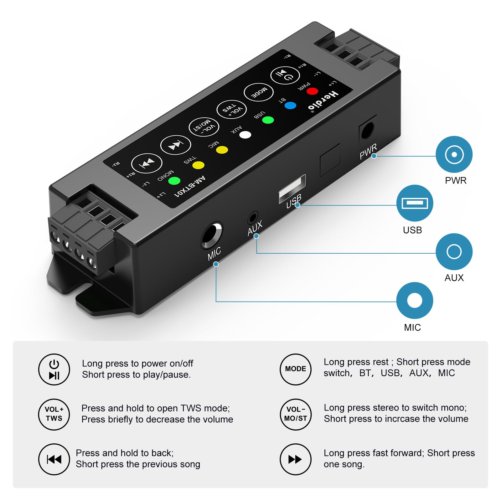 Herdio Amplificador Bluetooth 5.0 de 4 Canales,200W de Potencia con Fuente 24V 5A AC - DC, Instalación en Pared, USB/Mic/AUX/TWS (40W por Canal)